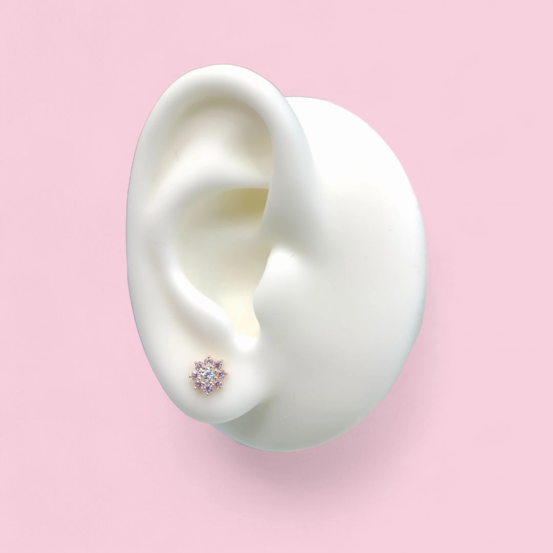 14K Yellow Gold Pink CZ Stone Pointed Flower Cluster Screwback Earring with White CZ Center