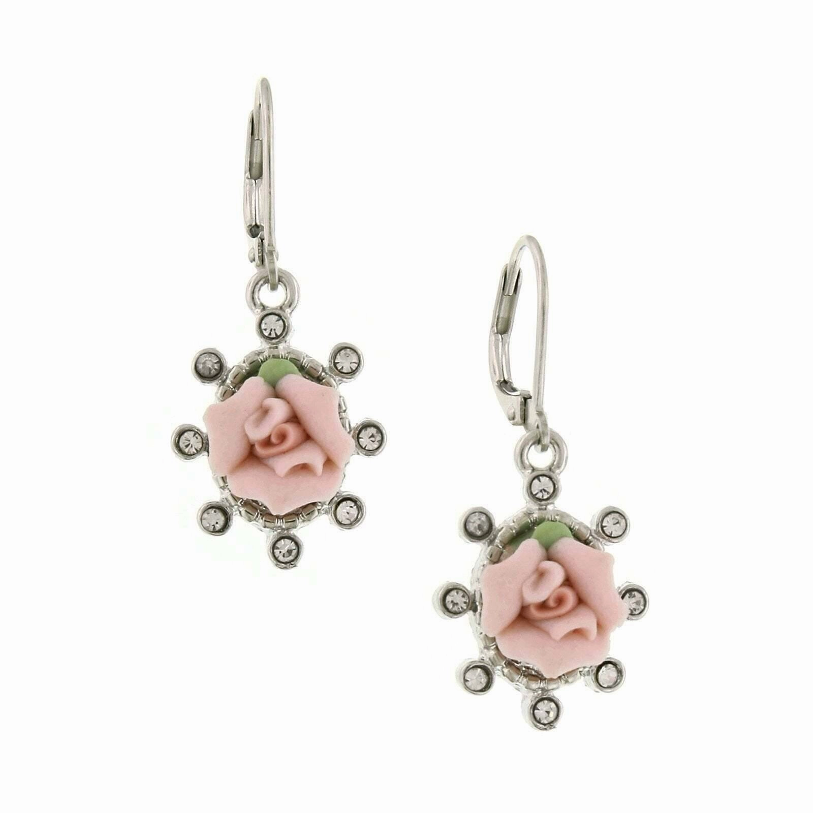 1928 Jewelry Pink Porcelain Rose And Round Crystal Drop Earrings