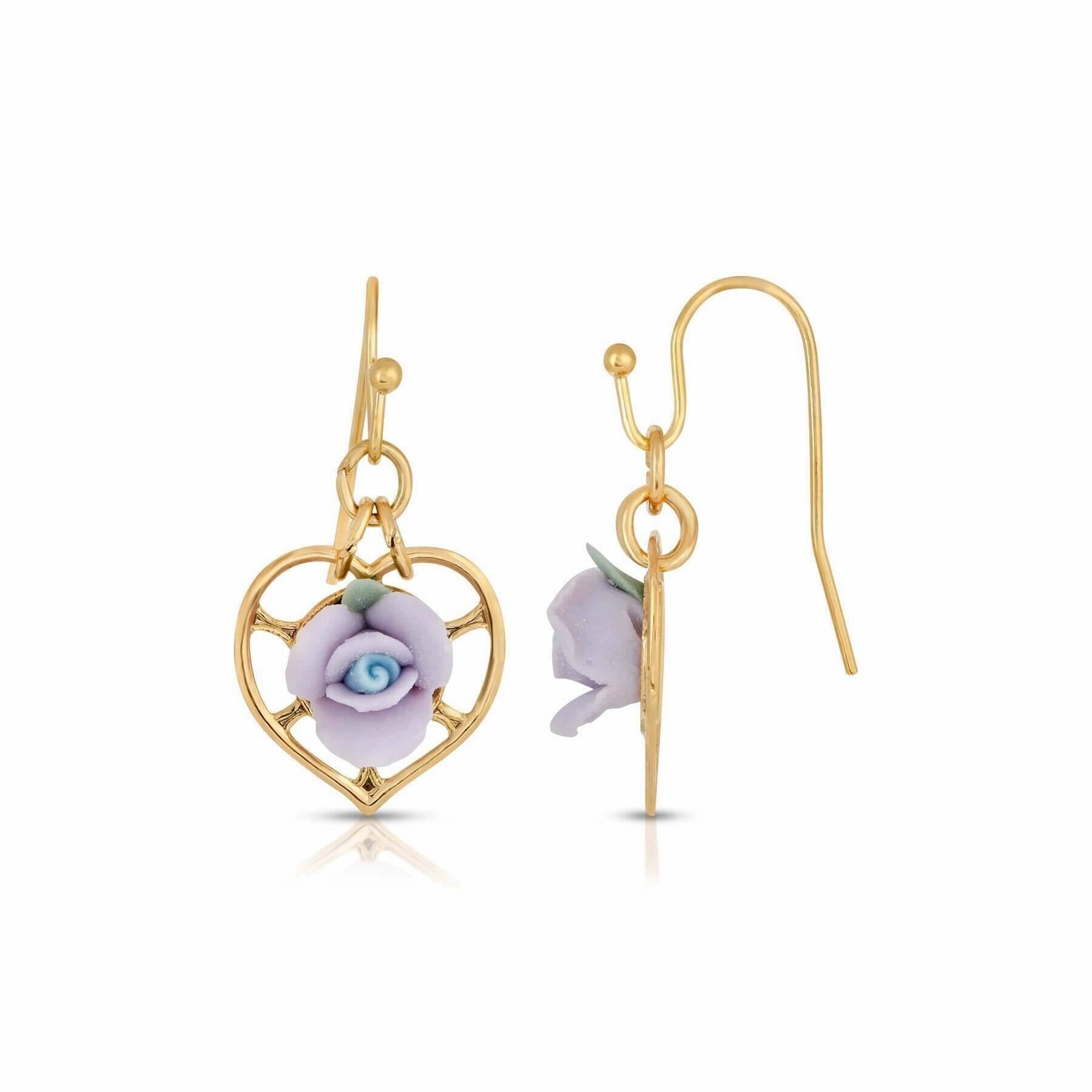1928 Jewelry Porcelain Rose Heart Drop Earrings