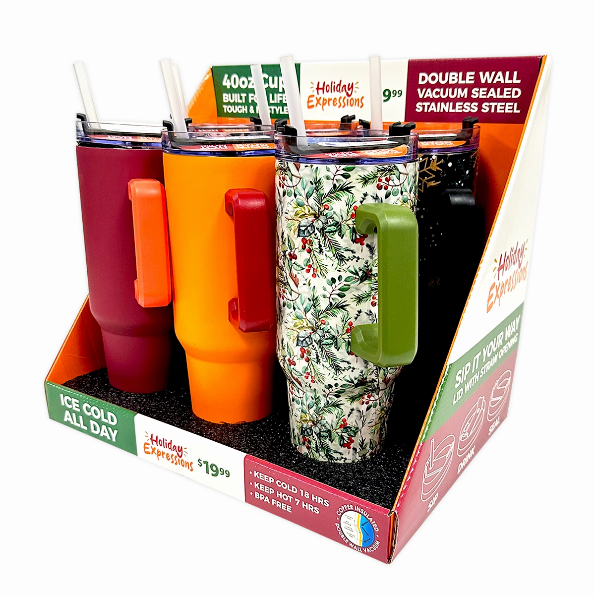40 oz Stainless-Steel Insulated Seasonal Cups - 15 Pieces Per Retail Ready Display 88571