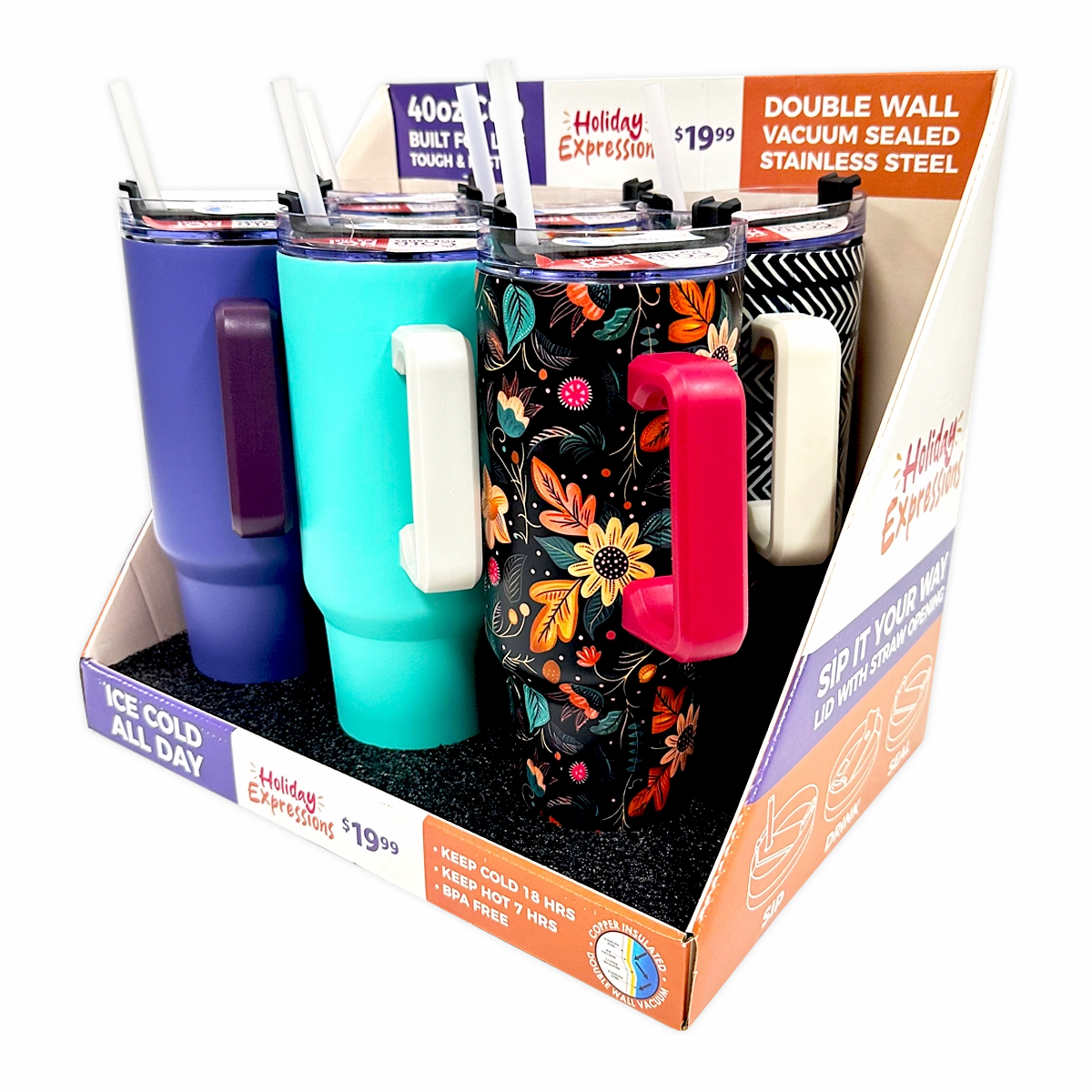 40 oz Stainless-Steel Insulated Seasonal Cups - 15 Pieces Per Retail Ready Display 88571
