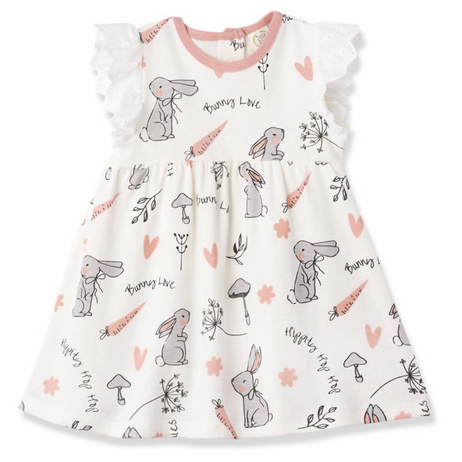 "happy Bunnies" Dress For Baby Girls In White/coral/grey