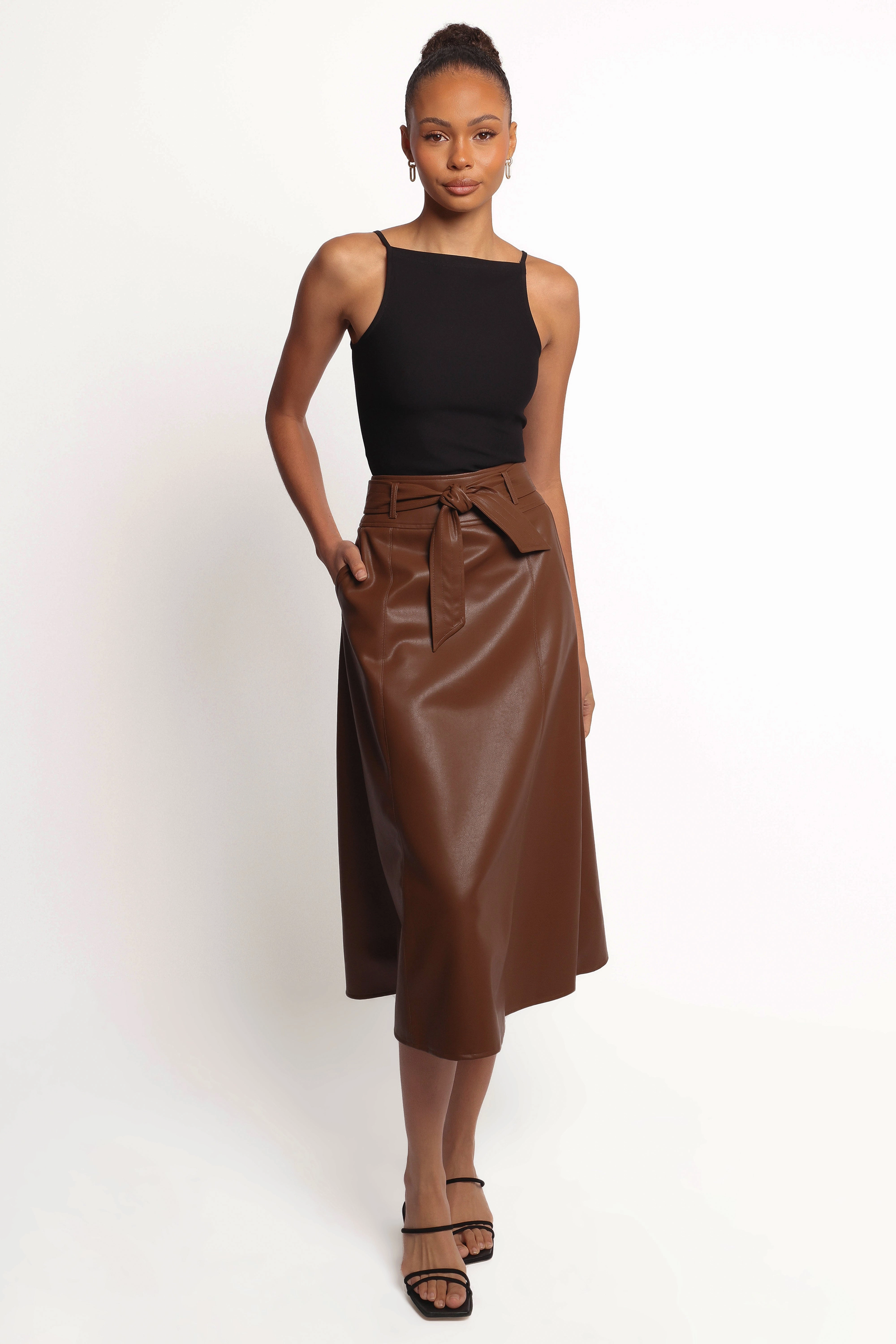 Adaline Faux Leather Midi Skirt - Brown