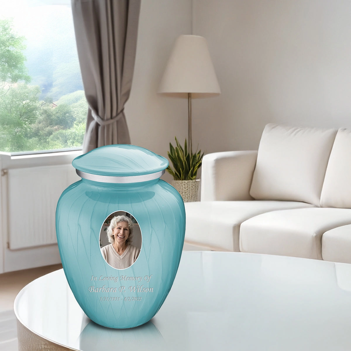 Adult Embrace Pearl Light Blue Portrait Cremation Urn