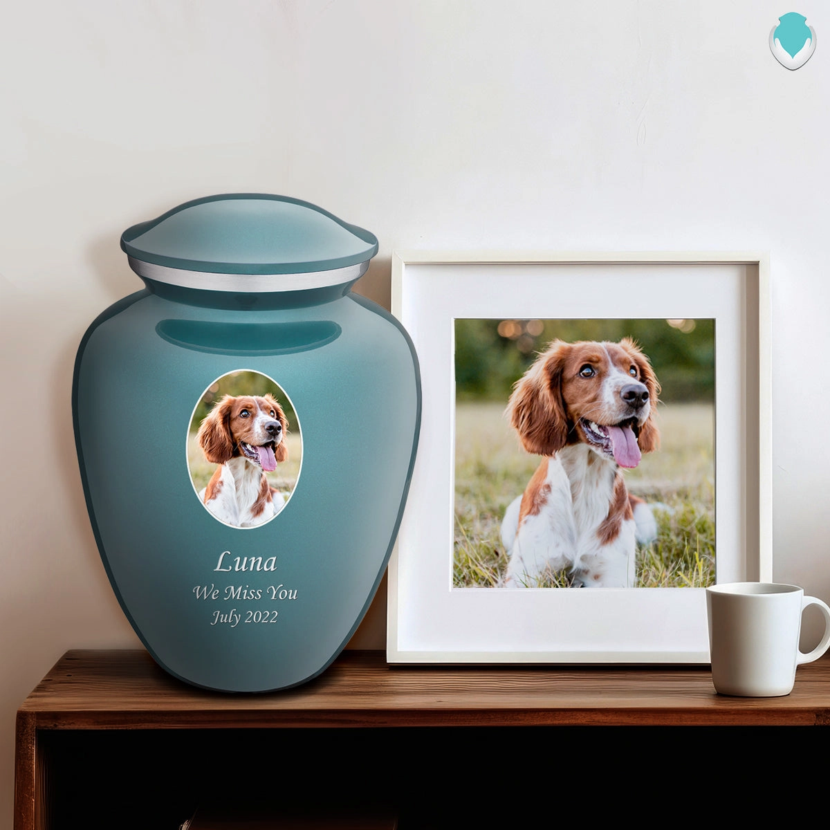 Adult Pet Embrace Teal Portrait Cremation Urn