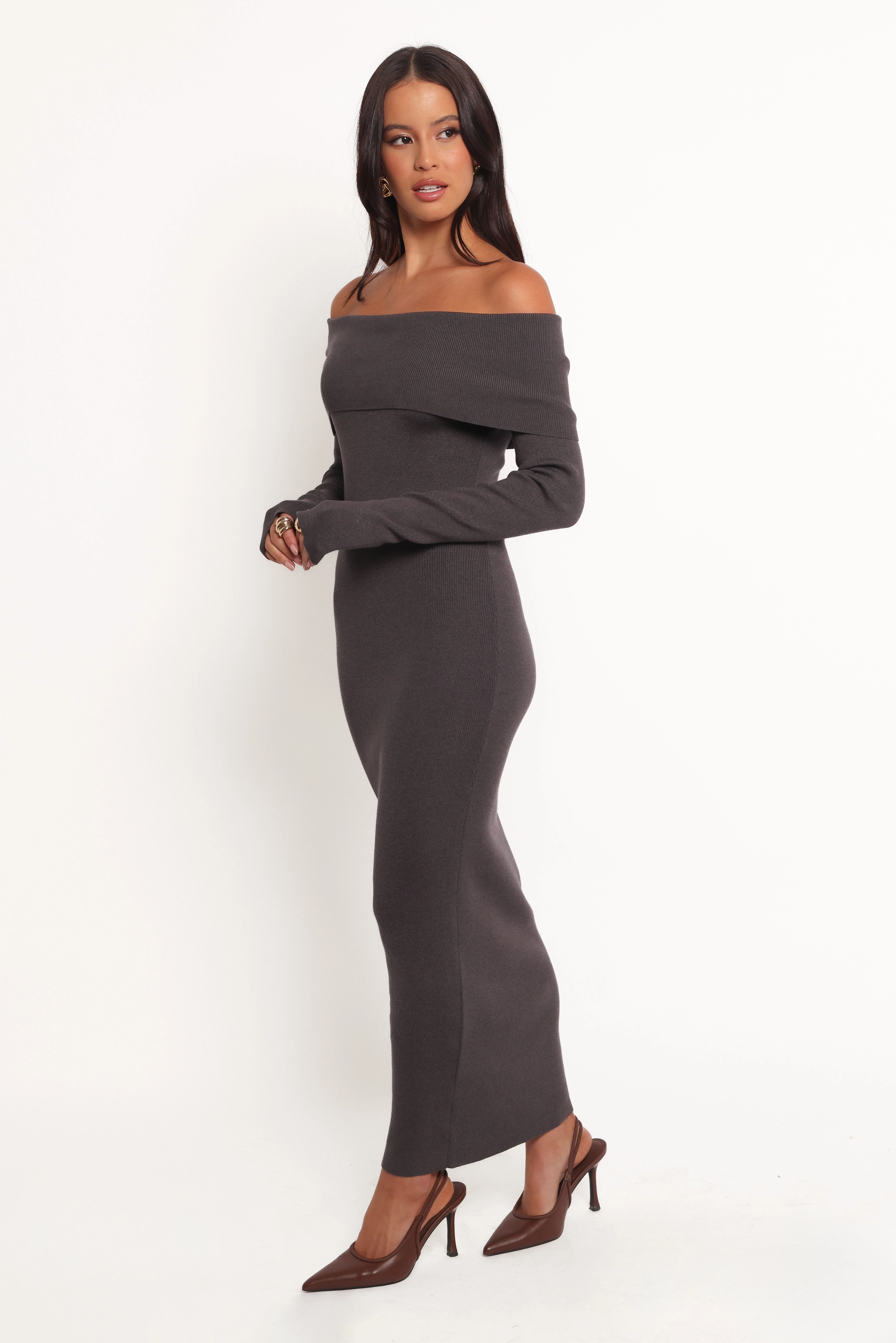 Archie Off The Shoulder Midi Dress - Heathered Charcoal