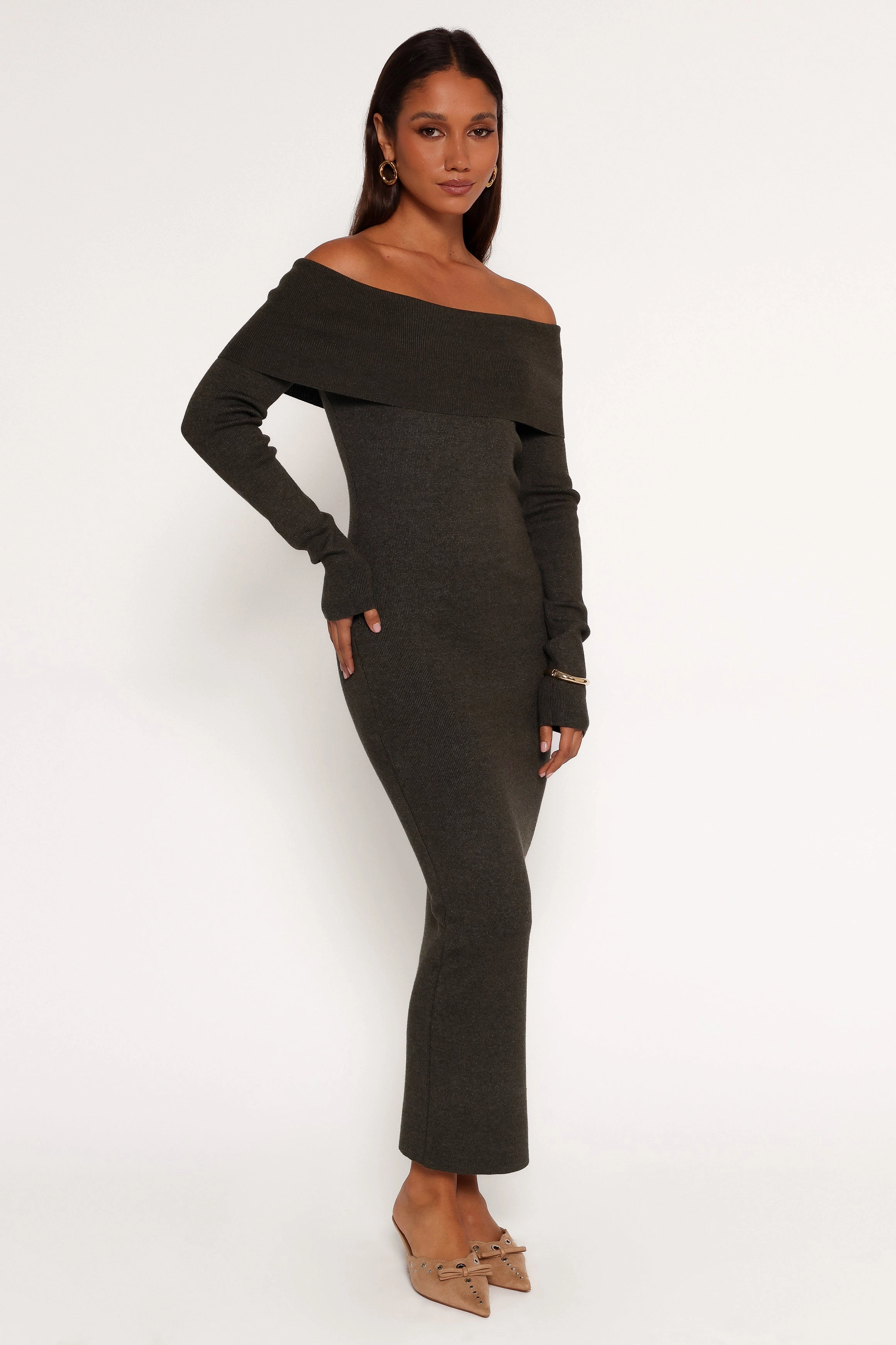 Archie Off The Shoulder Midi Dress - Olive