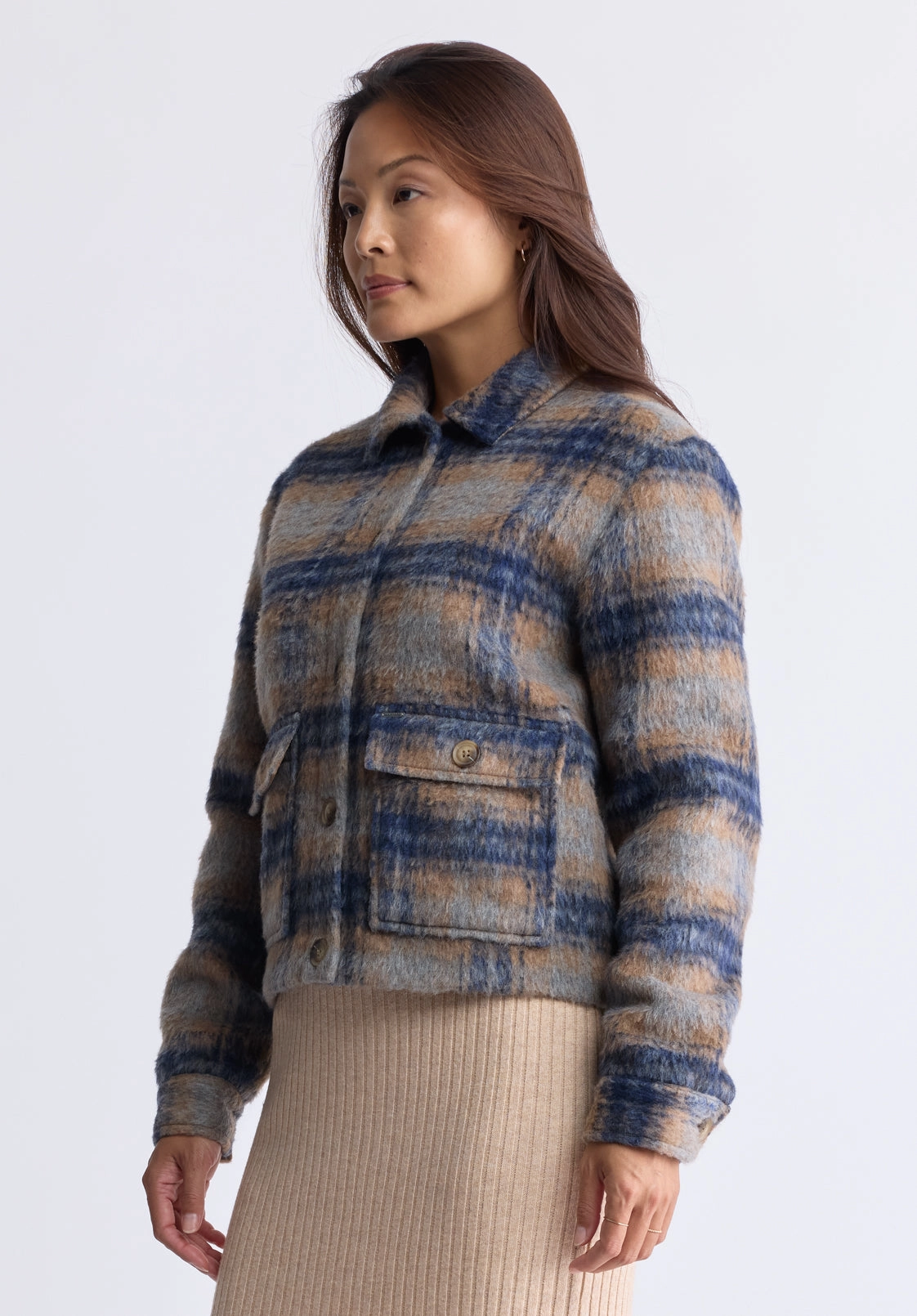 Avalee Women’s Buttoned Plaid Jacket, Grey & Navy - JK0039F