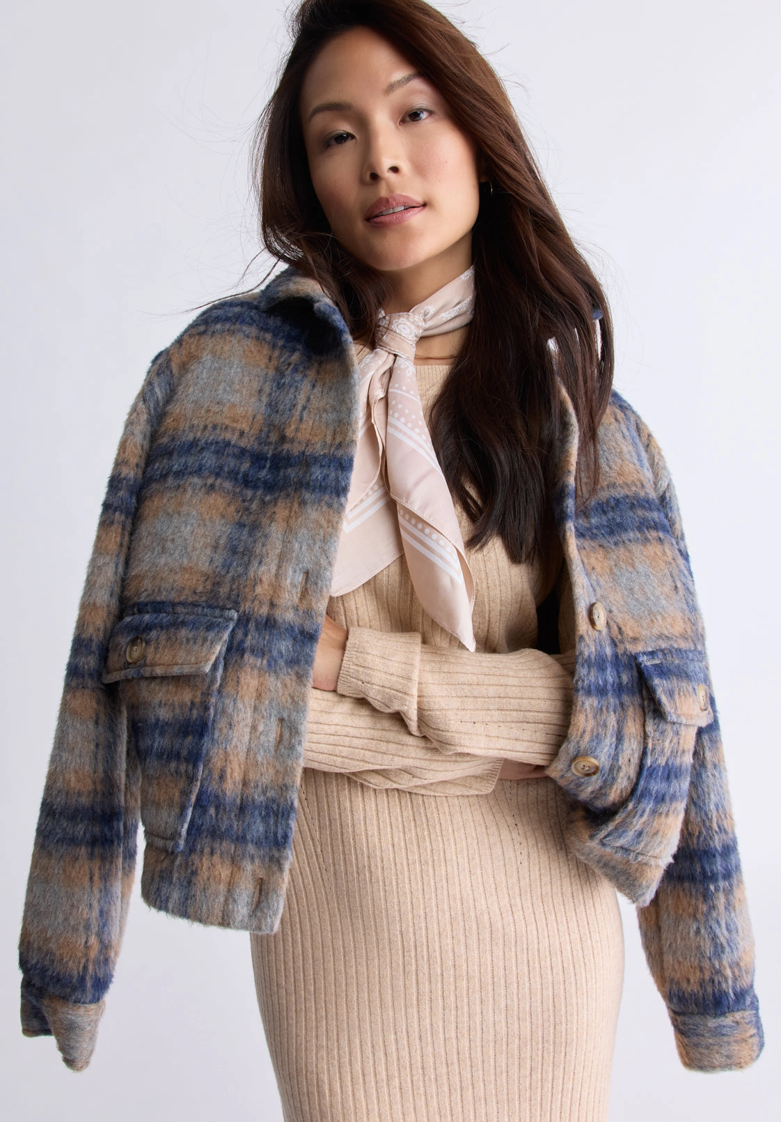 Avalee Women’s Buttoned Plaid Jacket, Grey & Navy - JK0039F