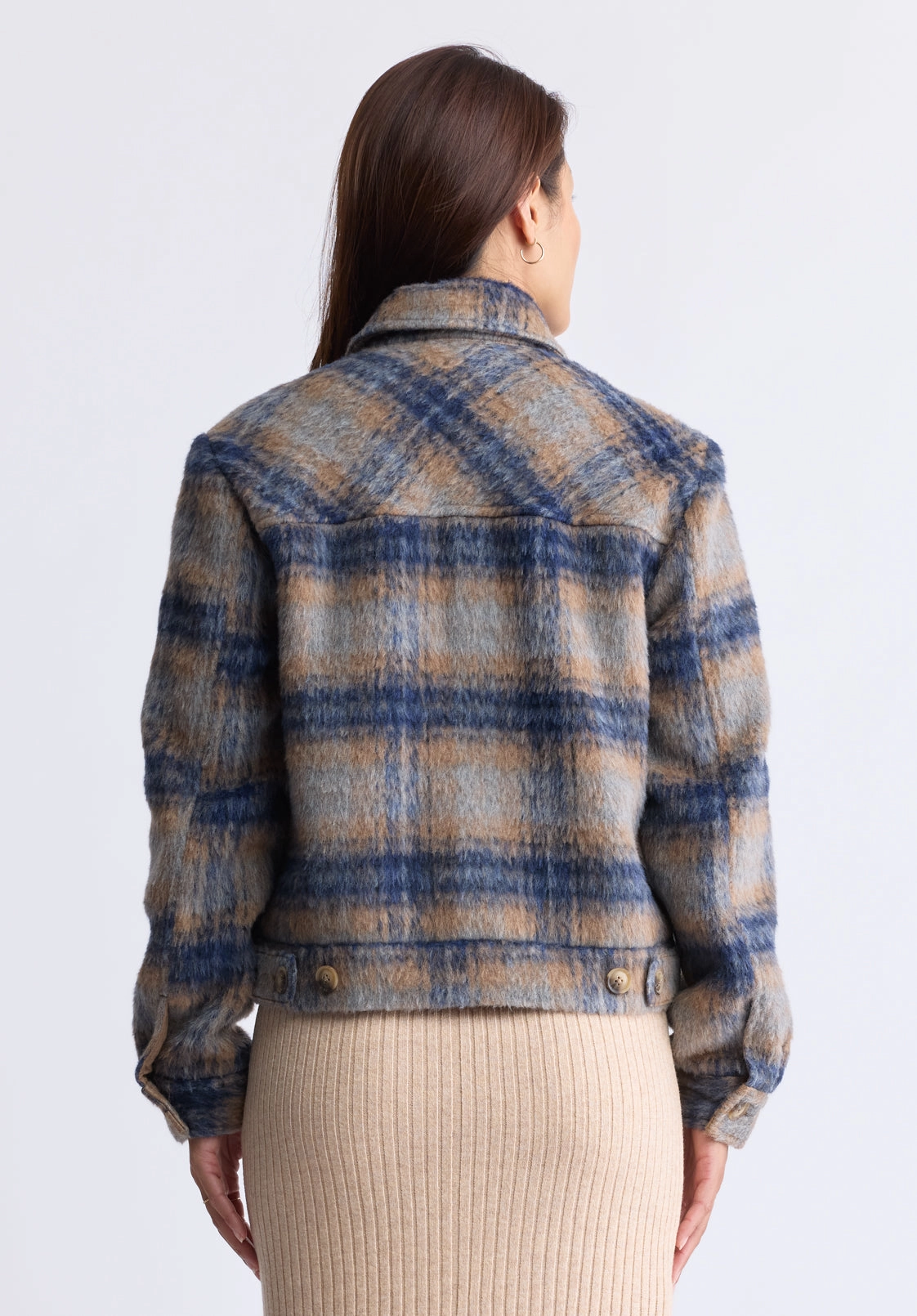 Avalee Women’s Buttoned Plaid Jacket, Grey & Navy - JK0039F