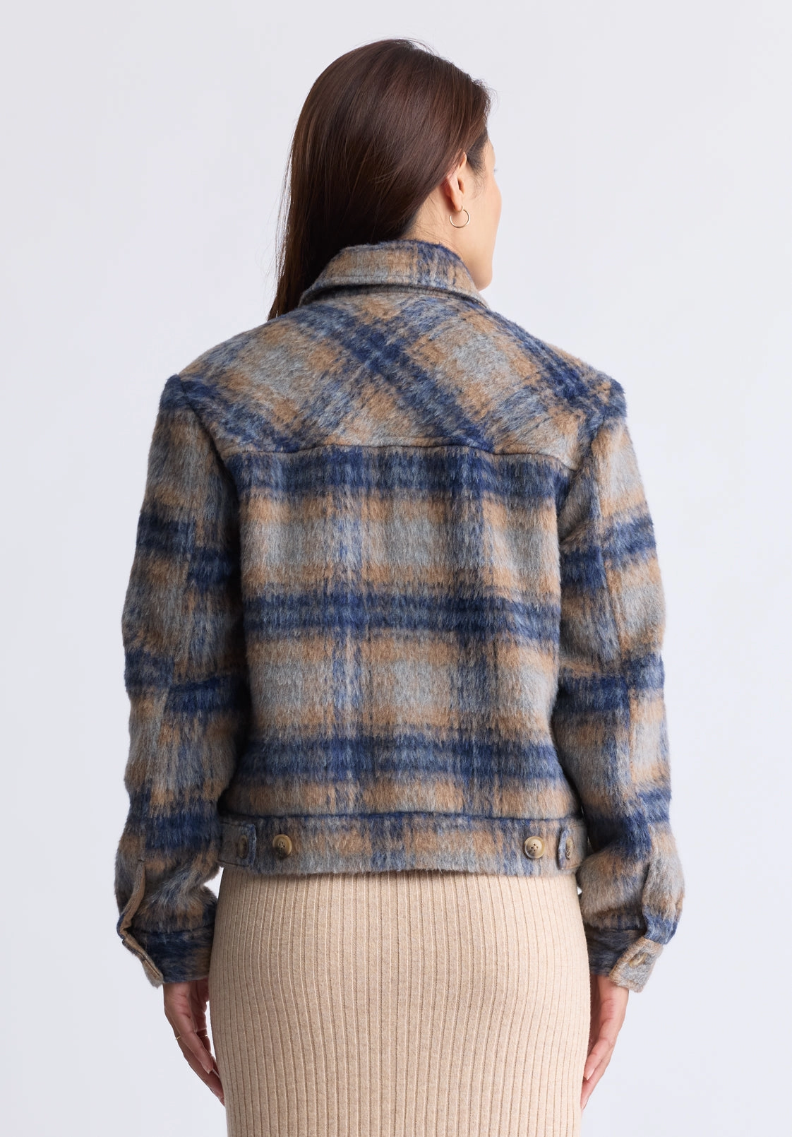 Avalee Women’s Buttoned Plaid Jacket, Grey & Navy - JK0039F