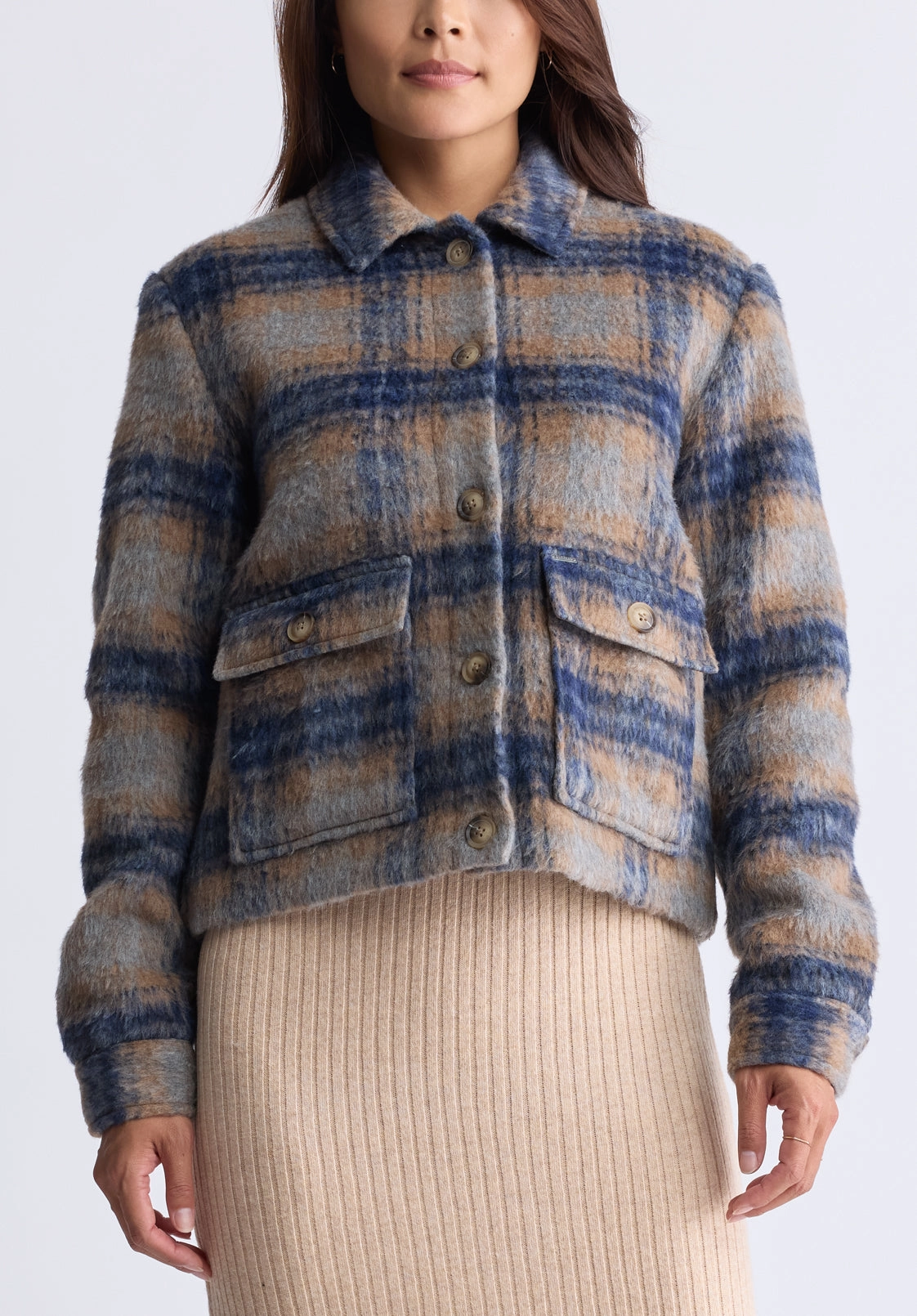 Avalee Women’s Buttoned Plaid Jacket, Grey & Navy - JK0039F