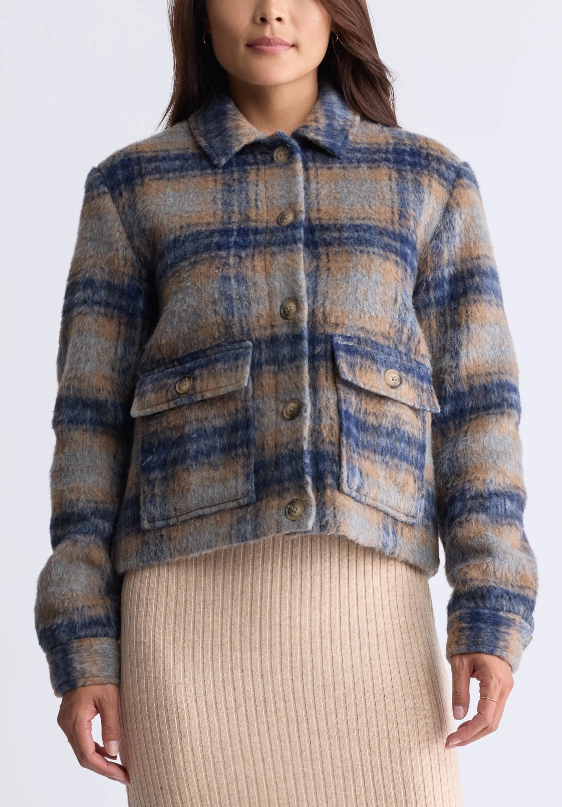 Avalee Women’s Buttoned Plaid Jacket, Grey & Navy - JK0039F