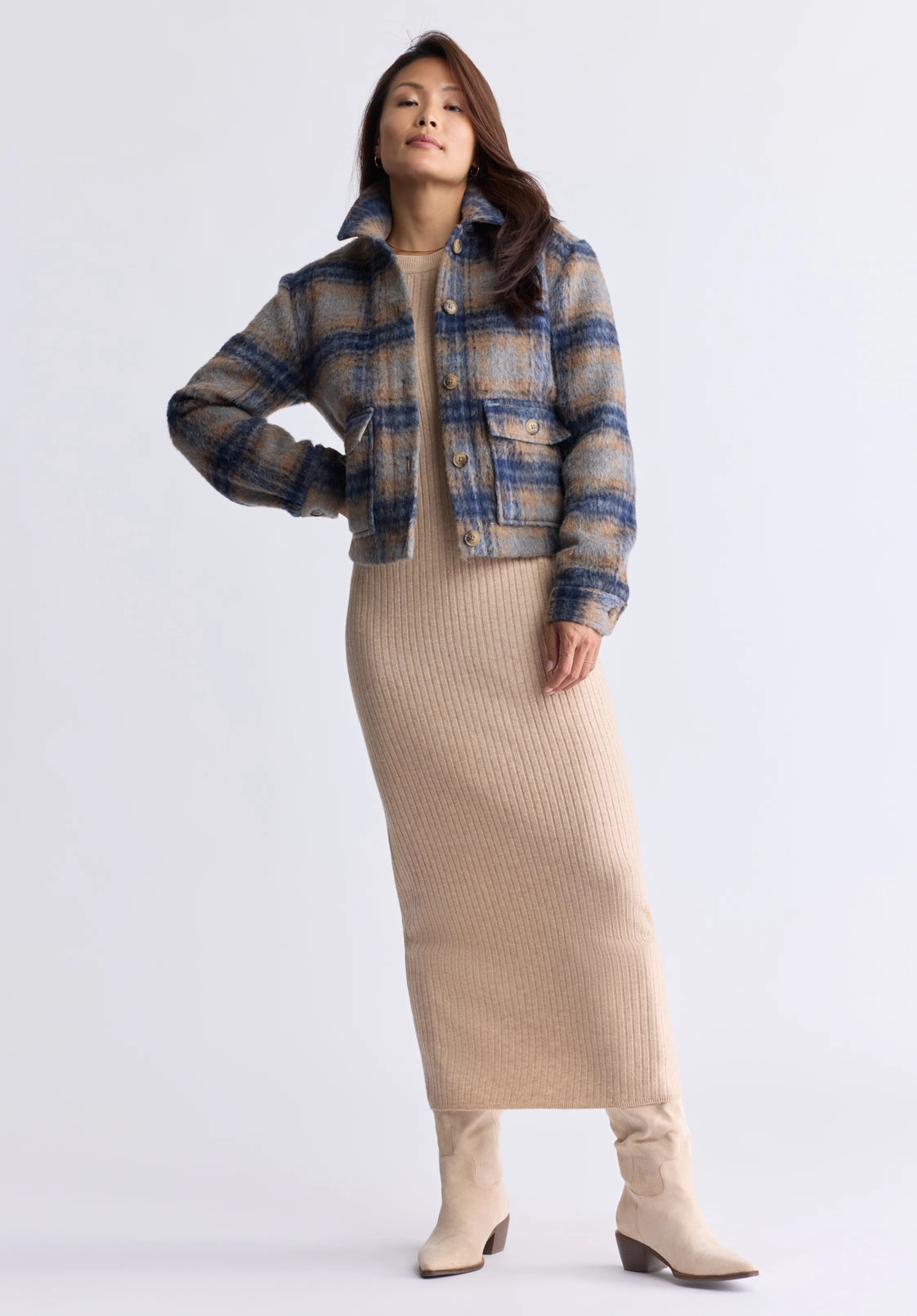 Avalee Women’s Buttoned Plaid Jacket, Grey & Navy - JK0039F