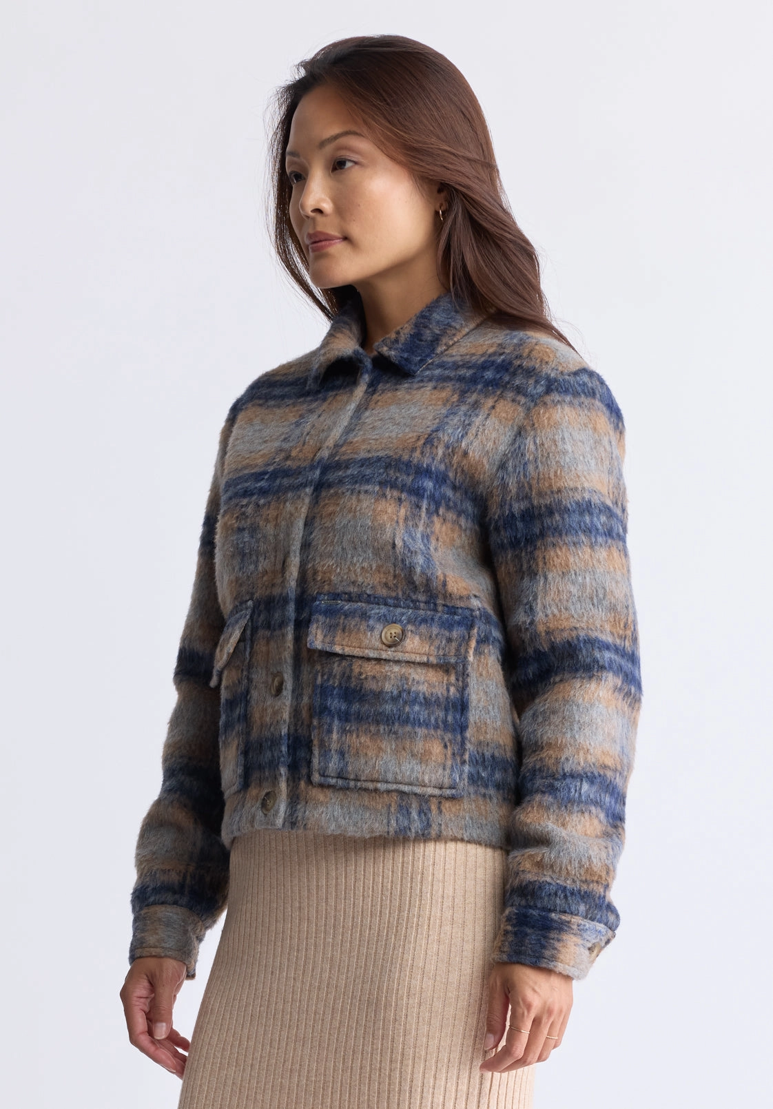 Avalee Women’s Buttoned Plaid Jacket, Grey & Navy - JK0039F