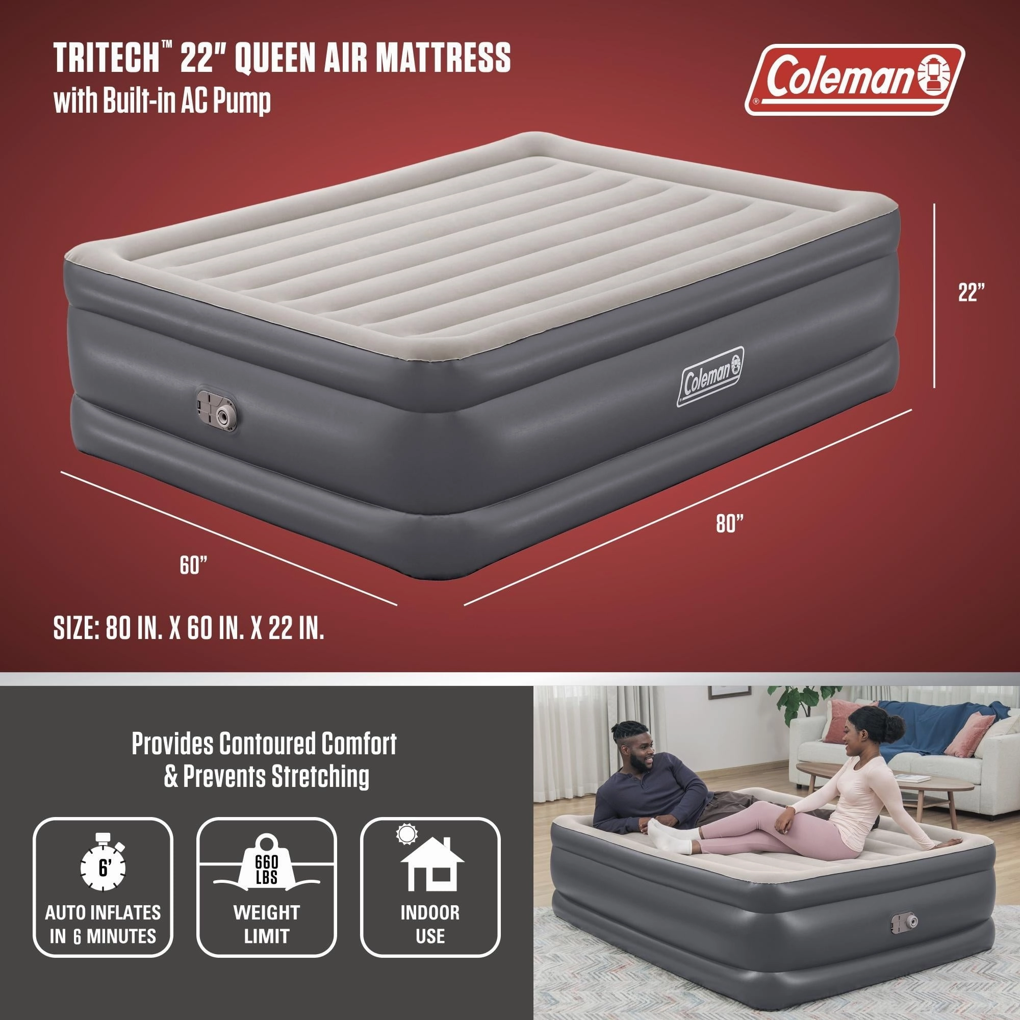 Bestway 90533E Coleman Tritech Air Mattress Queen 22" with Built-in AC Pump, Gray, Queen