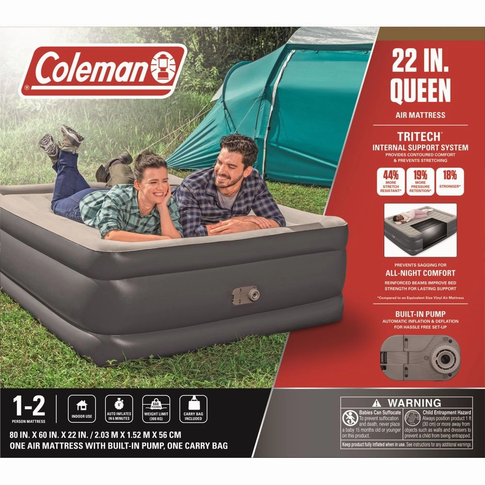 Bestway 90533E Coleman Tritech Air Mattress Queen 22" with Built-in AC Pump, Gray, Queen