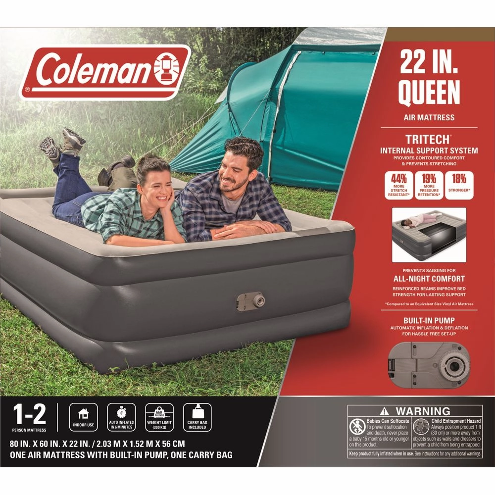 Bestway 90533E Coleman Tritech Air Mattress Queen 22" with Built-in AC Pump, Gray, Queen