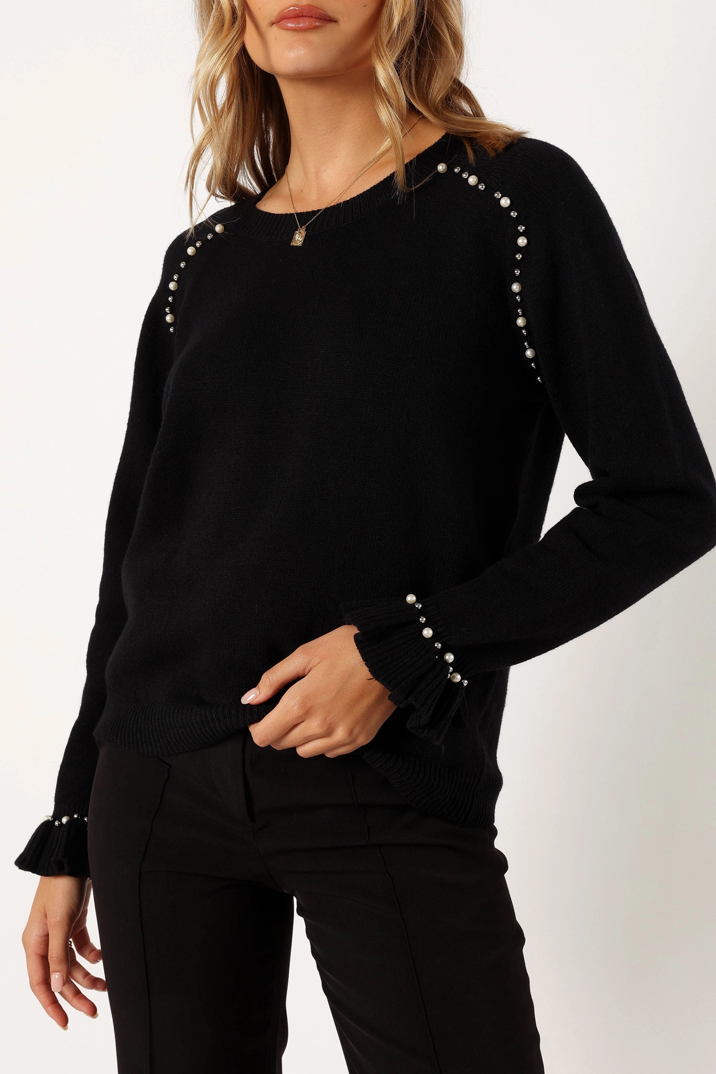Blakely Pearl Detail Knit Sweater - Black