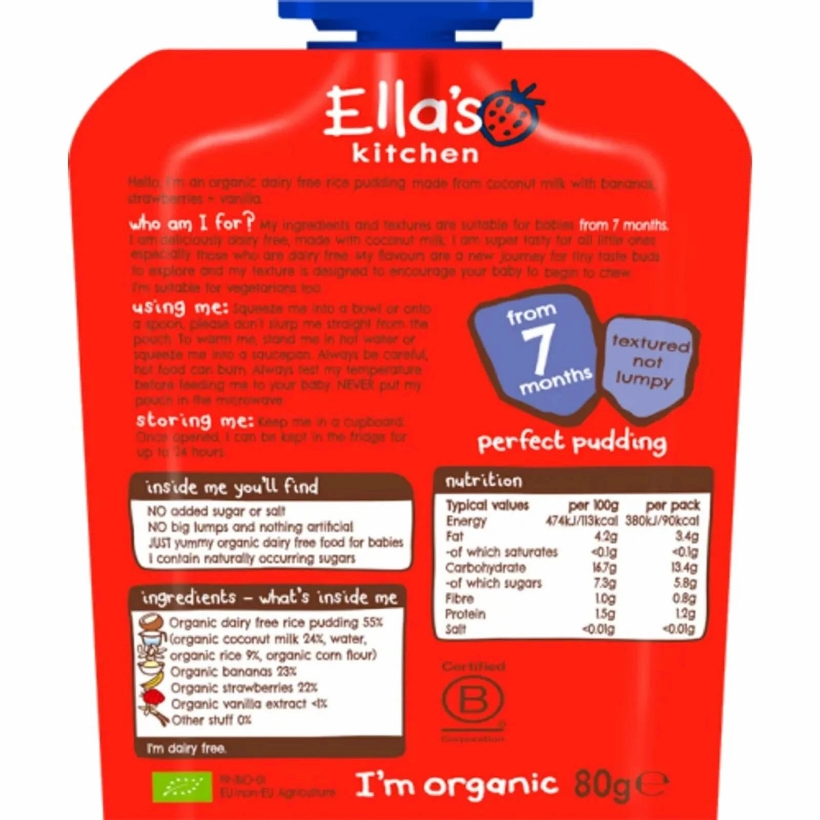 Ella's Kitchen Organic Dairy Free Rice Pudding with Bananas & Strawberries Baby Pouch 7  months 80g