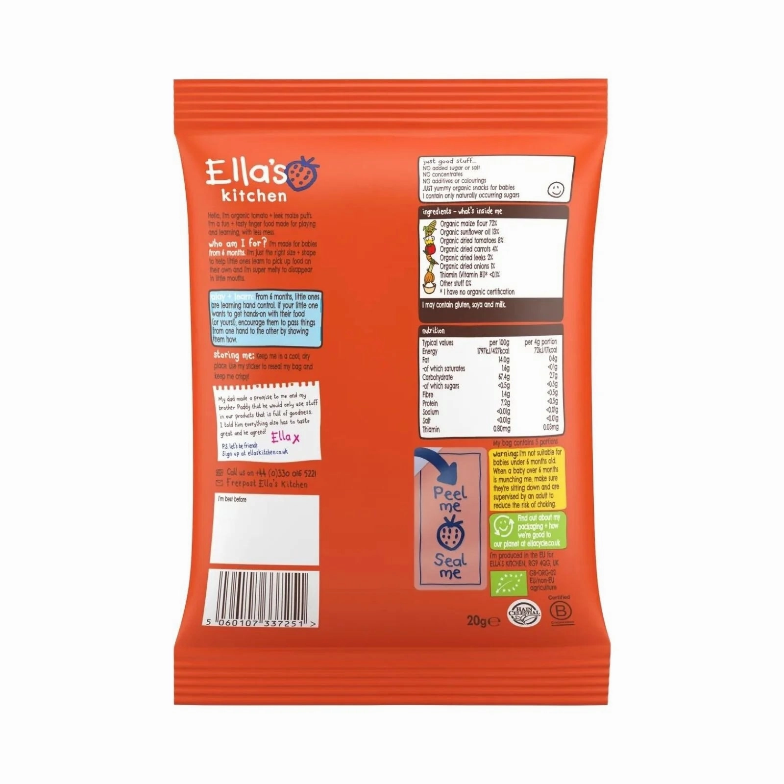 Ella's Kitchen Organic Tomato & Leek Melty Puffs Baby Snack 6  months 20g