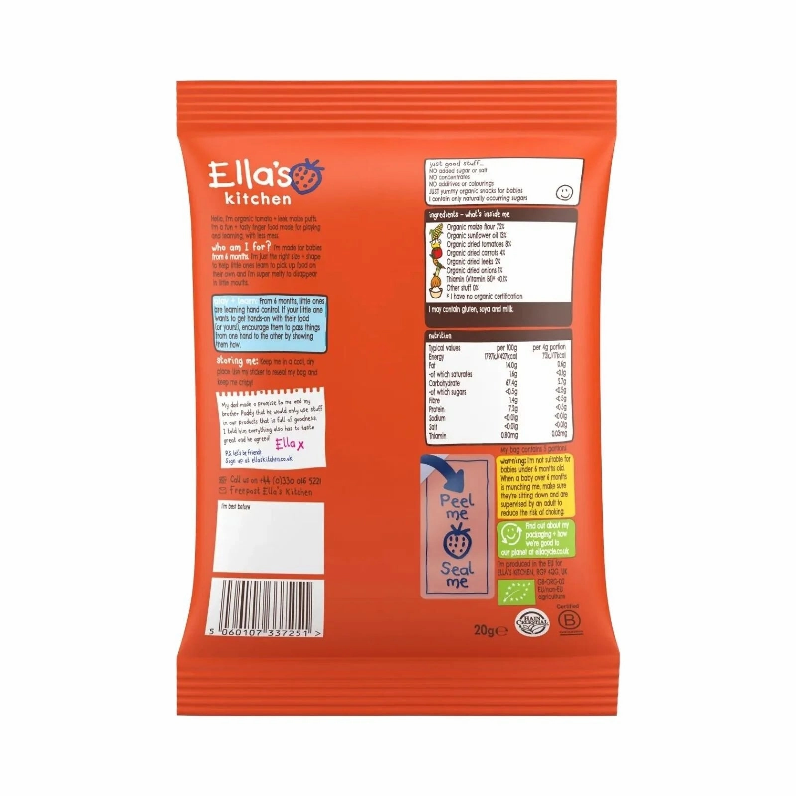 Ella's Kitchen Organic Tomato & Leek Melty Puffs Baby Snack 6  months 20g
