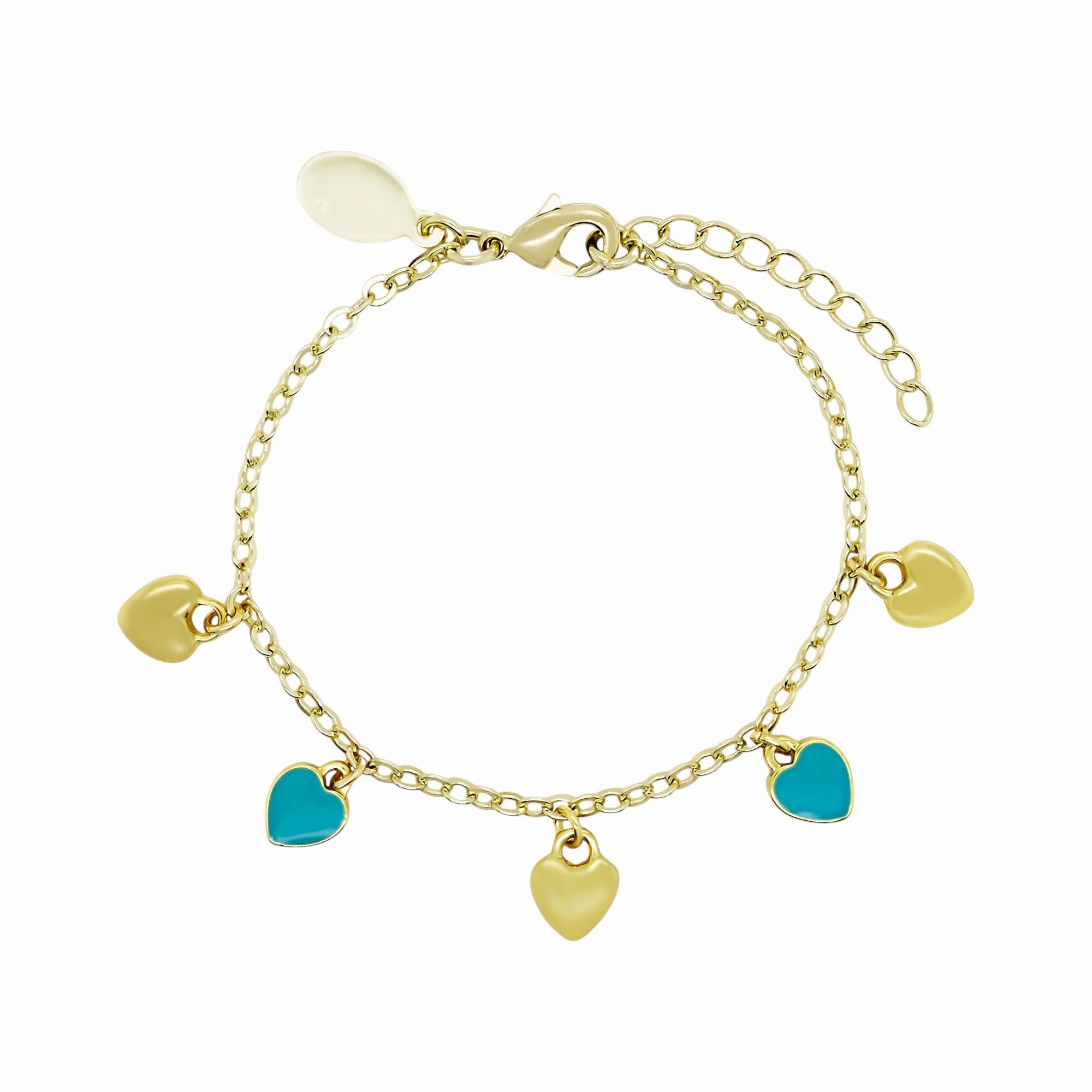 Gold Plated Kids Bracelet with Turquoise and Gold Hanging Hearts