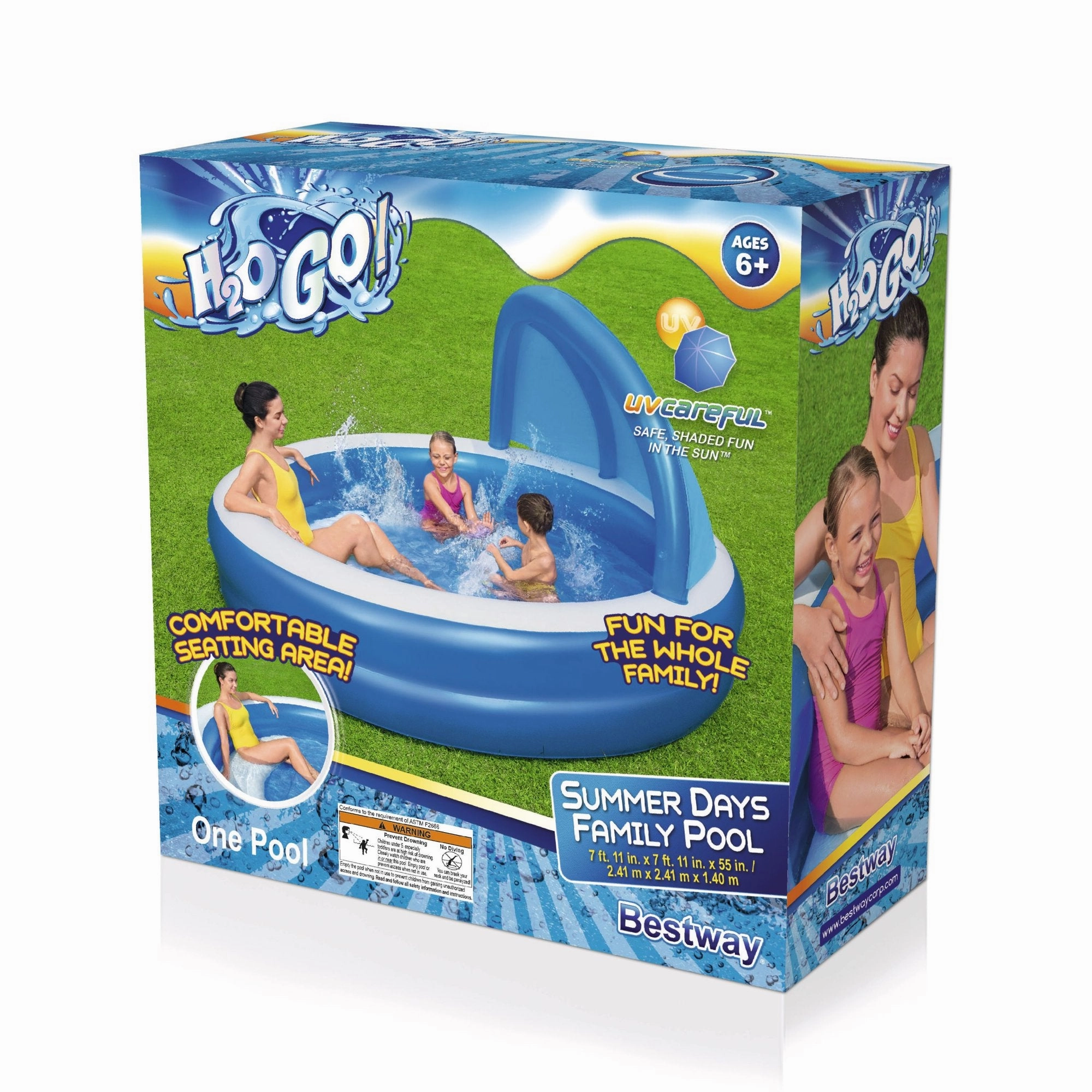 H2OGO! 54337E 7'11" x 55" Summer Days Inflatable Family Pool with UV Careful Sunshade