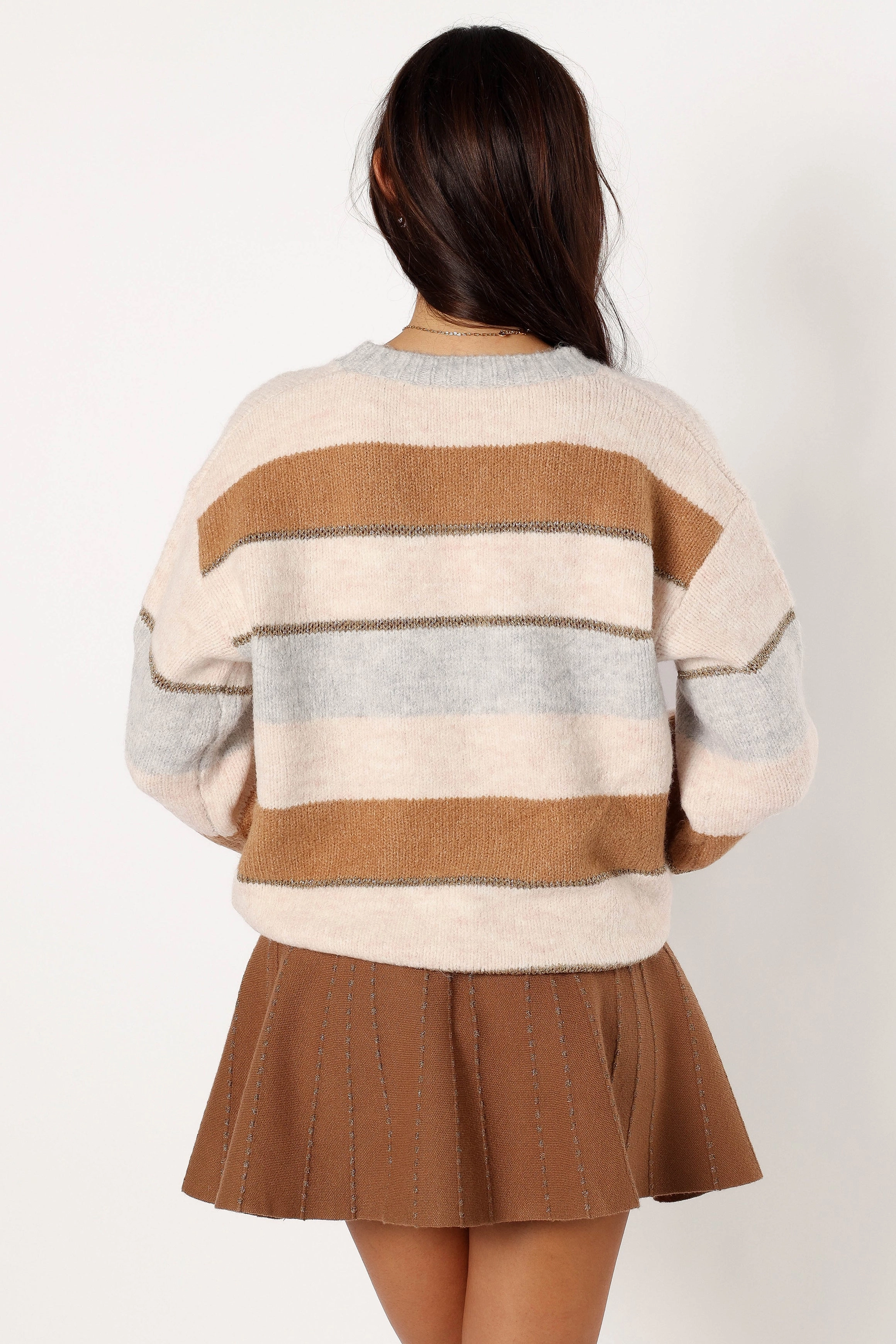 Hadleigh Shimmer Multi Stripe Knit Sweater - Cream/Camel