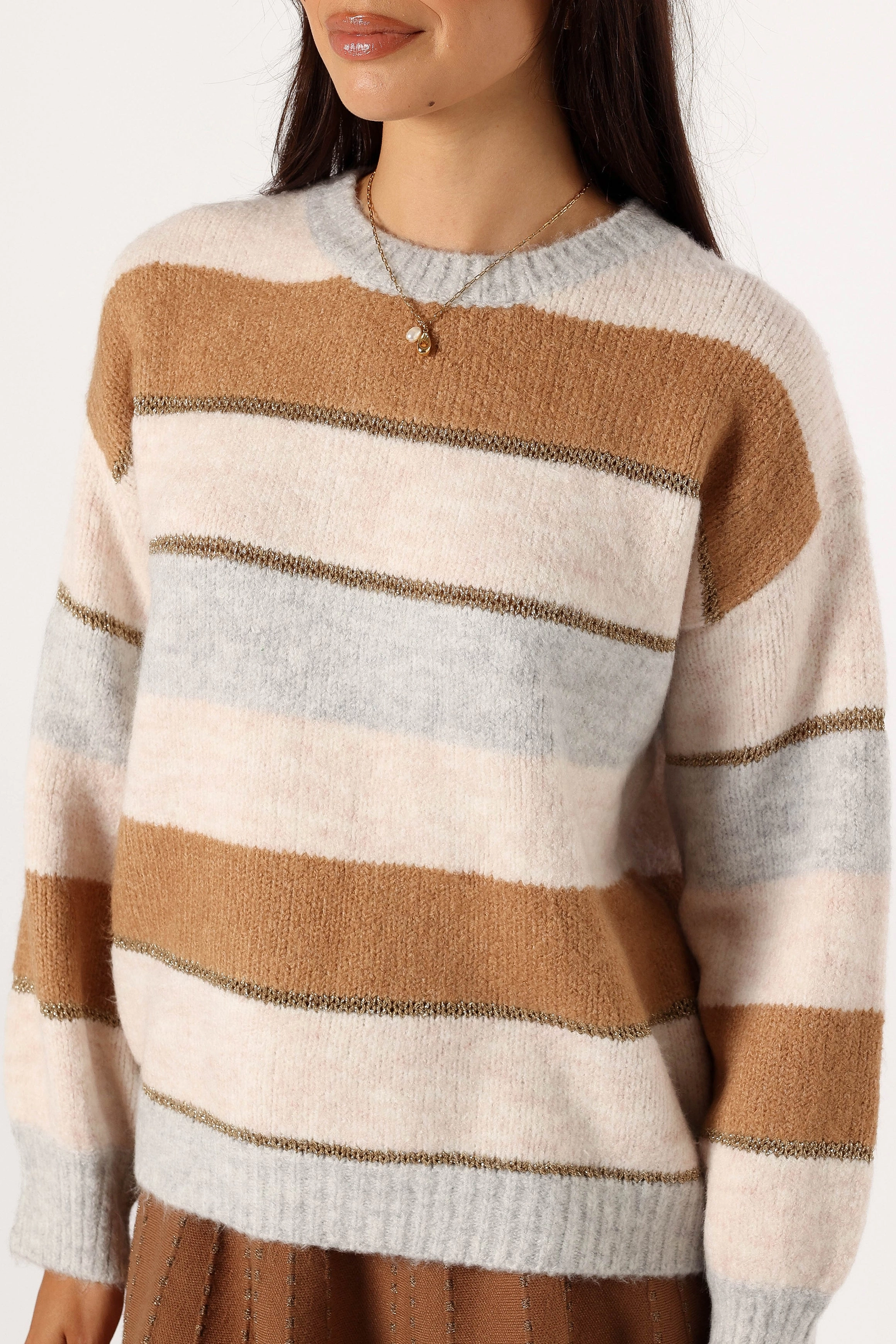 Hadleigh Shimmer Multi Stripe Knit Sweater - Cream/Camel