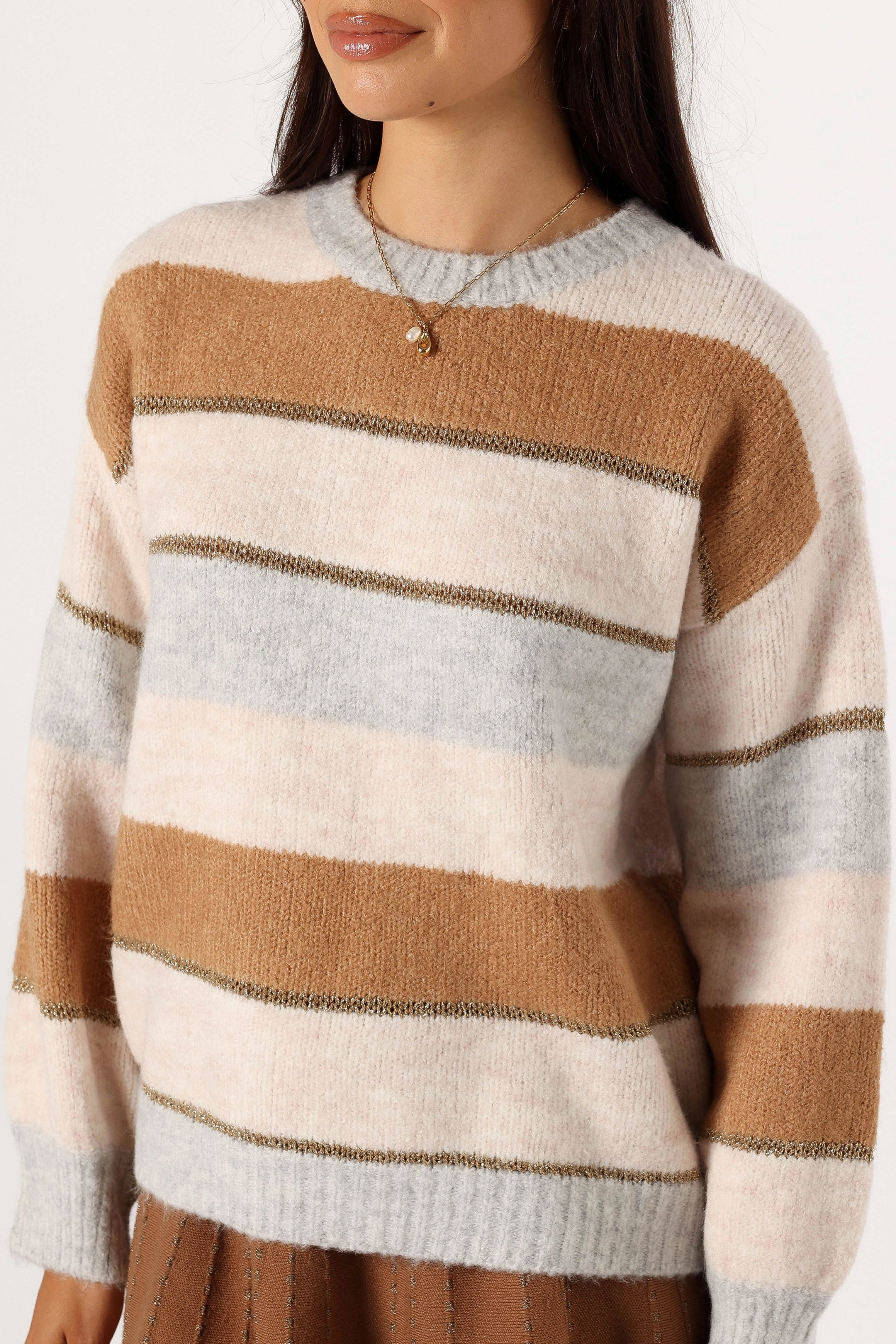 Hadleigh Shimmer Multi Stripe Knit Sweater - Cream/Camel