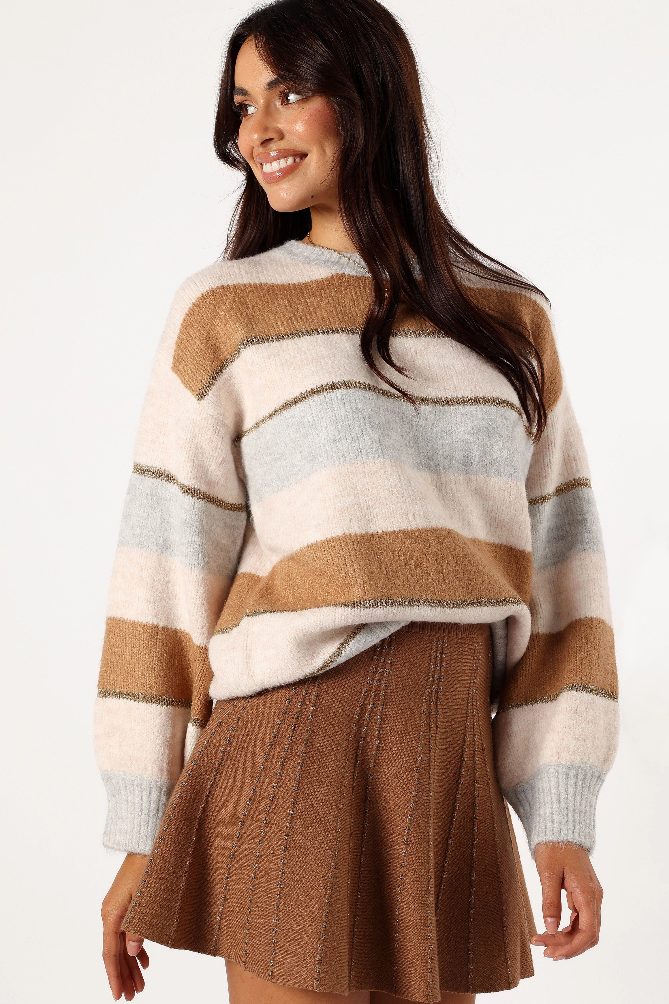 Hadleigh Shimmer Multi Stripe Knit Sweater - Cream/Camel