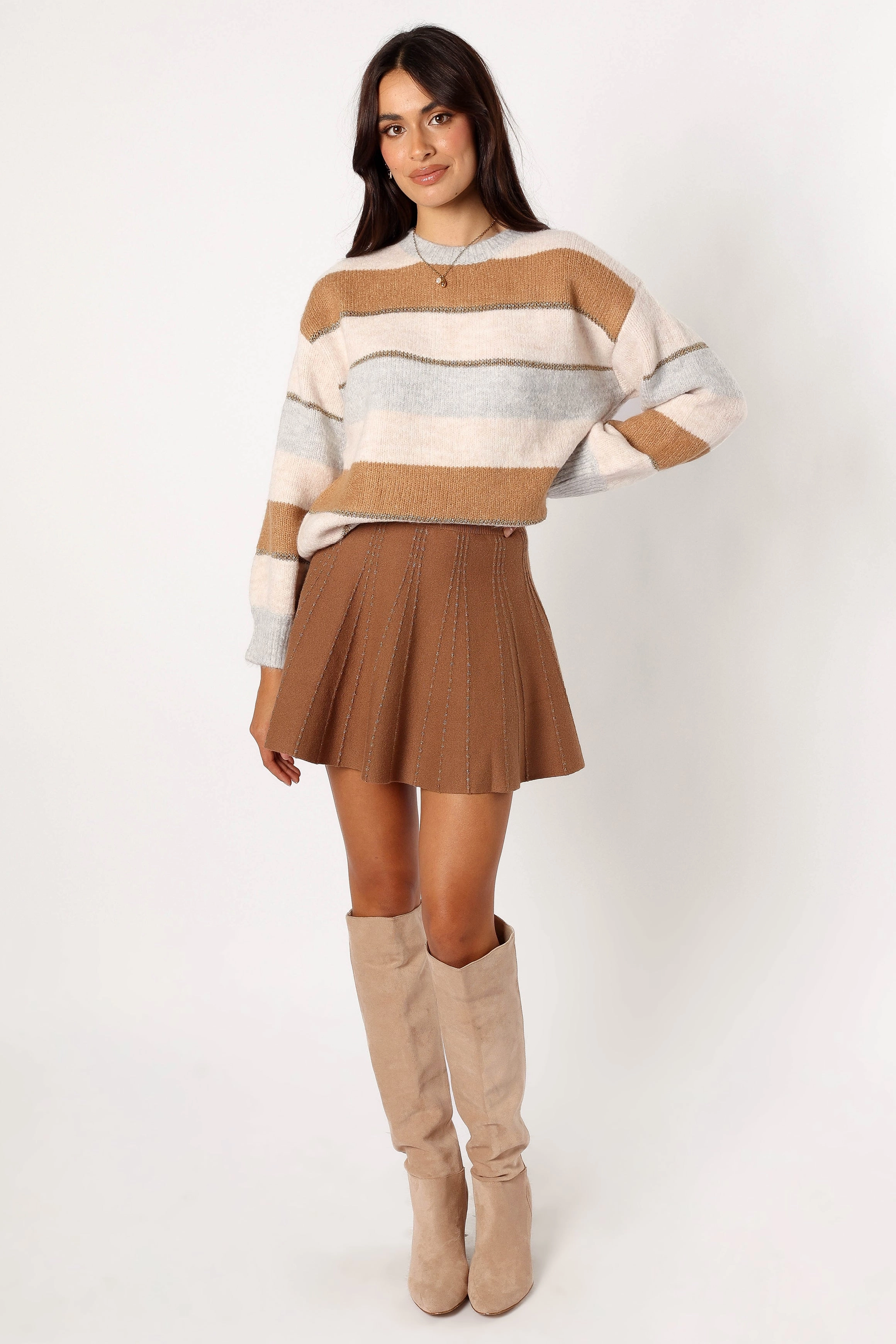 Hadleigh Shimmer Multi Stripe Knit Sweater - Cream/Camel