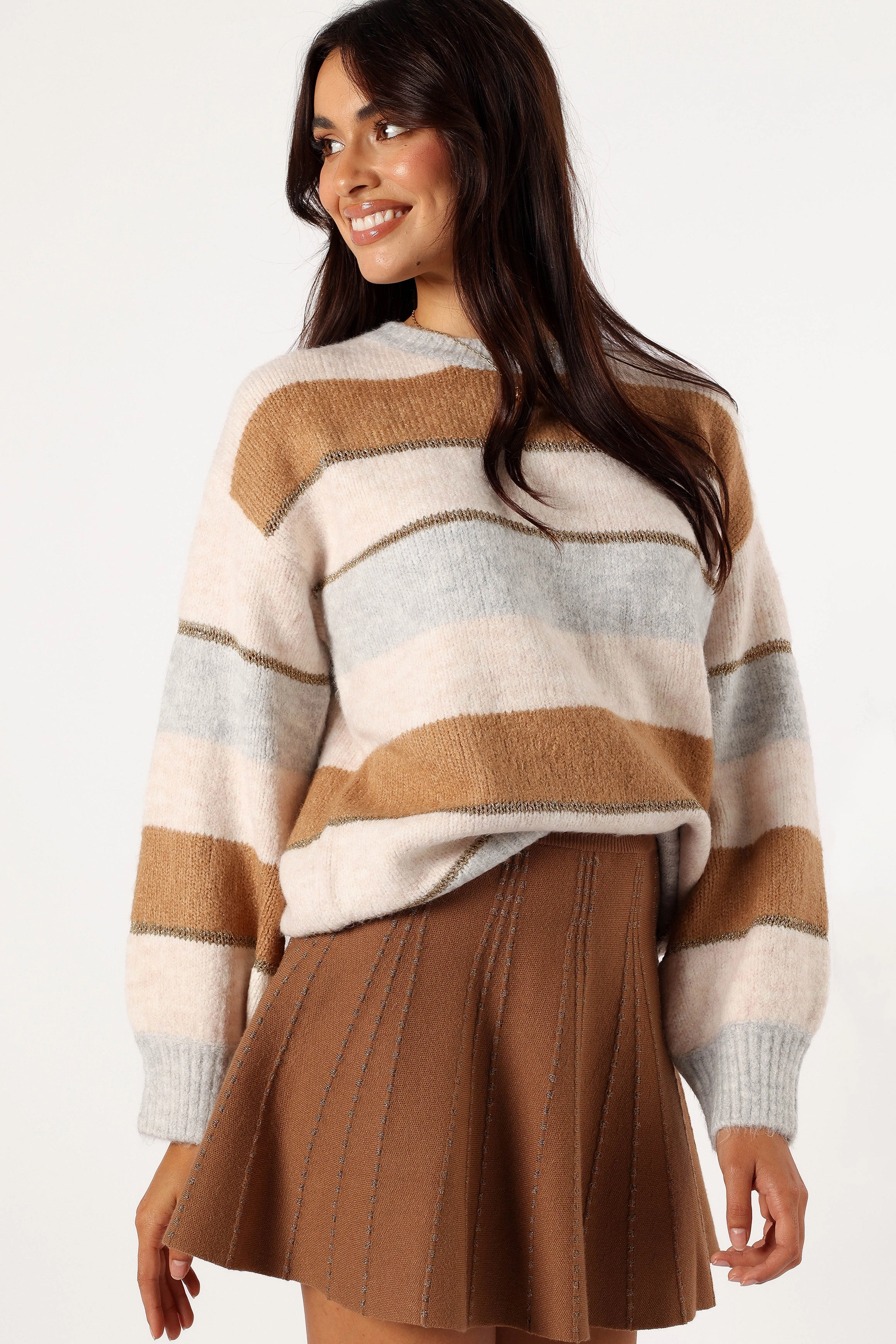 Hadleigh Shimmer Multi Stripe Knit Sweater - Cream/Camel