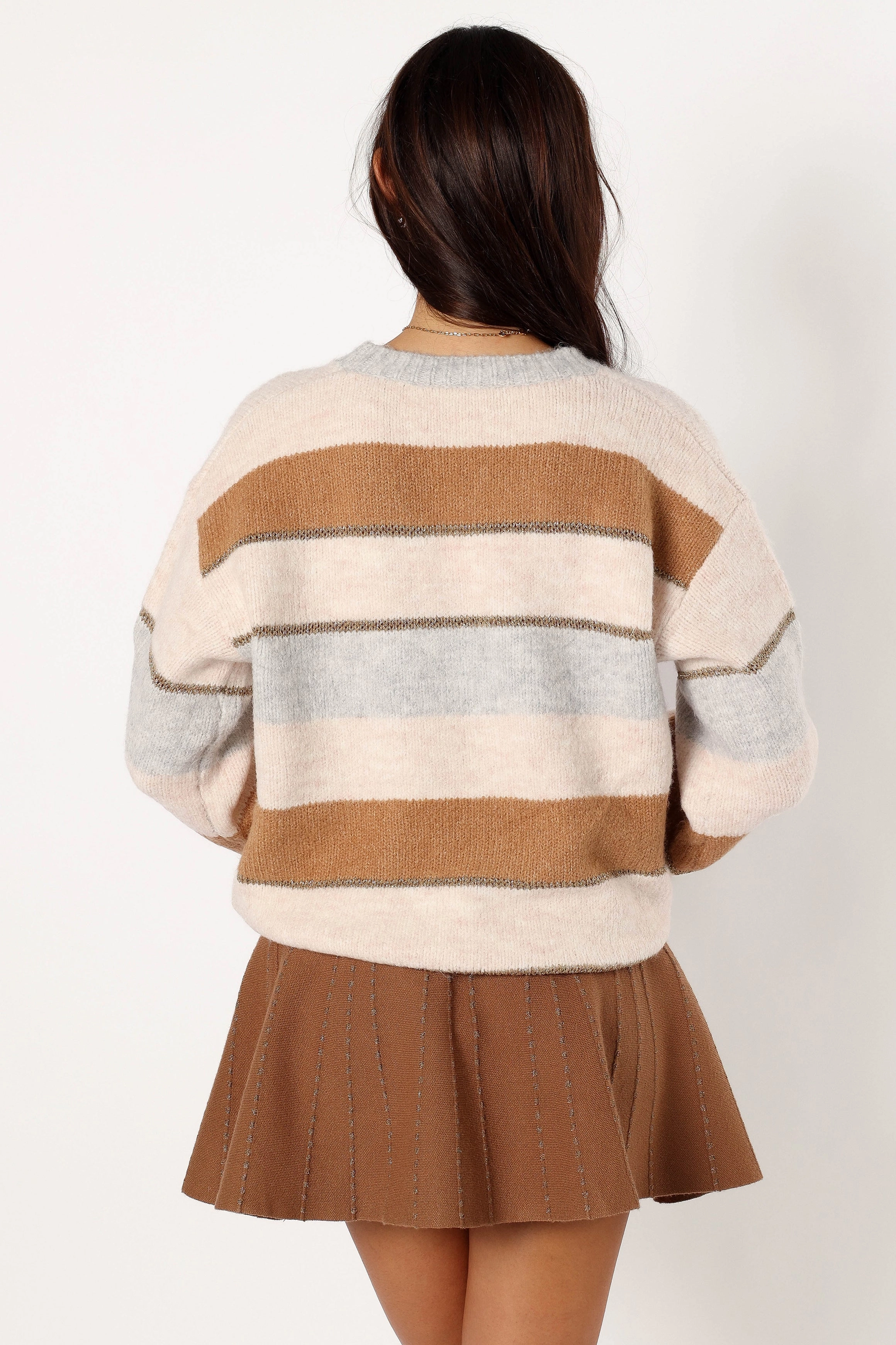 Hadleigh Shimmer Multi Stripe Knit Sweater - Cream/Camel