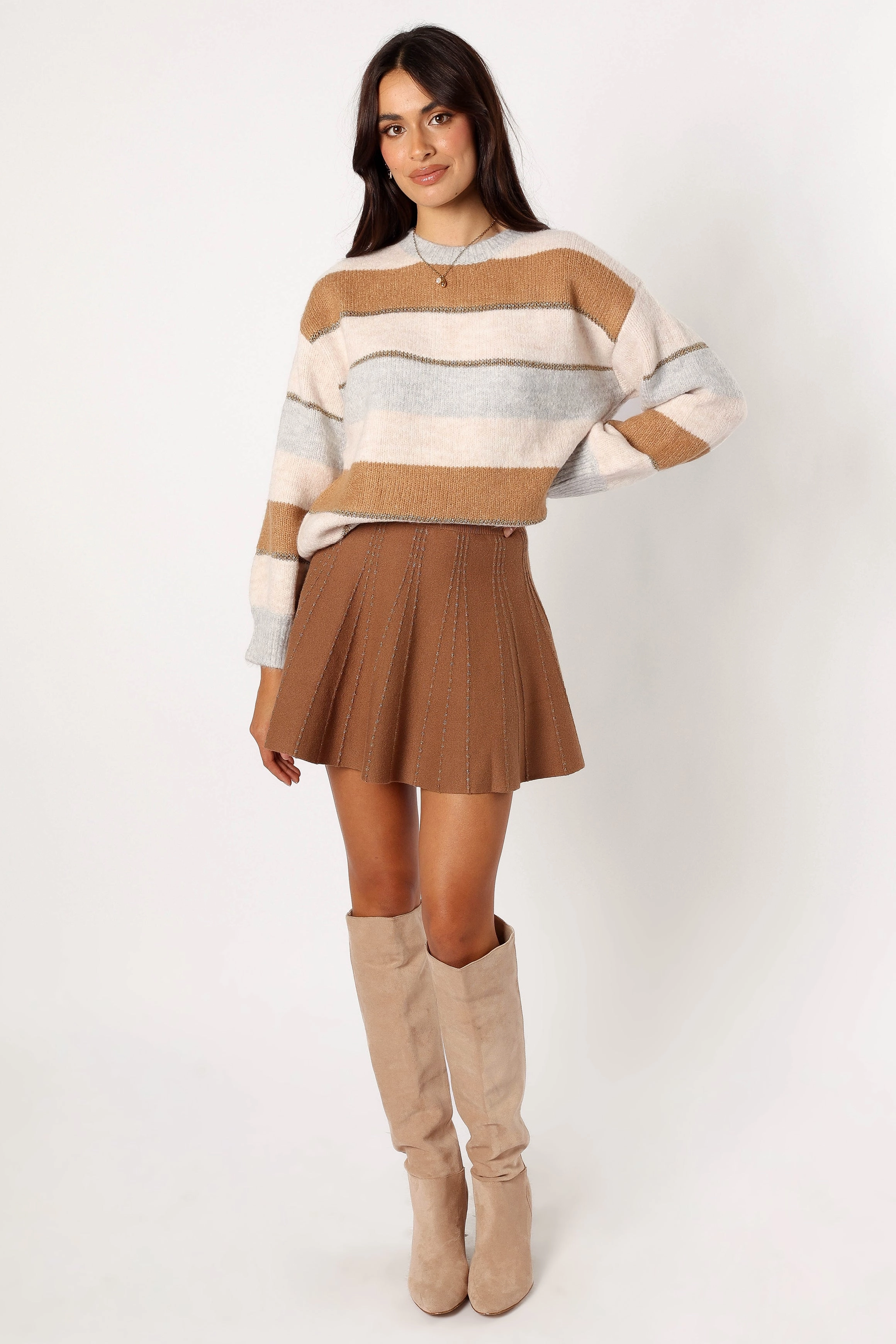 Hadleigh Shimmer Multi Stripe Knit Sweater - Cream/Camel