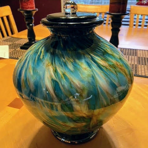 Hand Blown Glass Cremation Urn for Adults in Greco Aegean