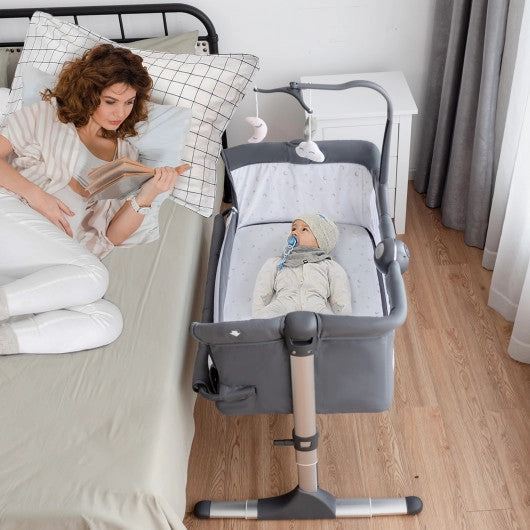 Height Adjustable Baby Side Crib  With Music Box & Toys-Dark Gray