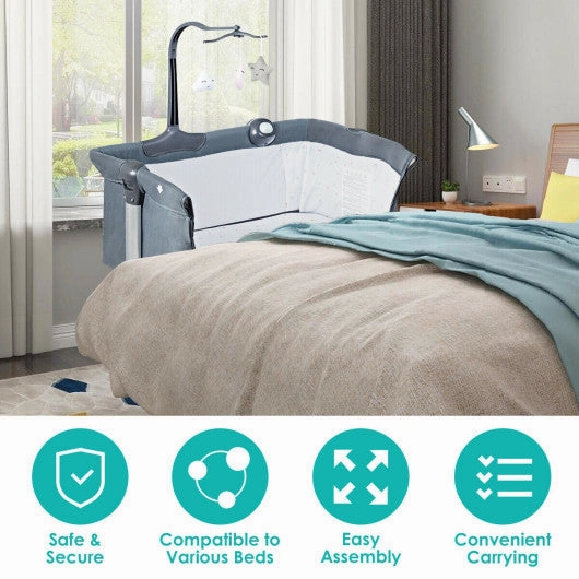 Height Adjustable Baby Side Crib  With Music Box & Toys-Dark Gray