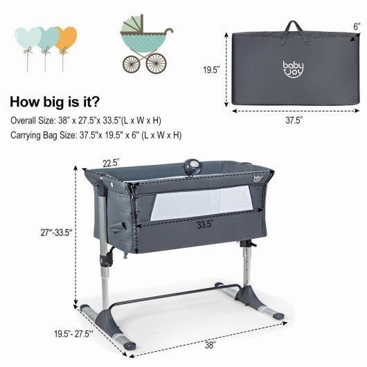 Height Adjustable Baby Side Crib  With Music Box & Toys-Dark Gray