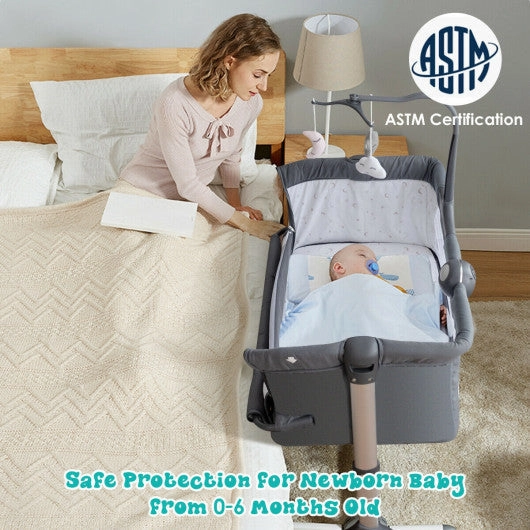 Height Adjustable Baby Side Crib  With Music Box & Toys-Dark Gray