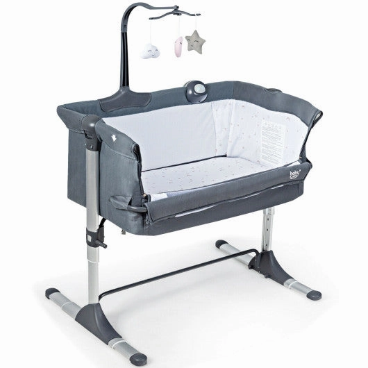 Height Adjustable Baby Side Crib  With Music Box & Toys-Dark Gray