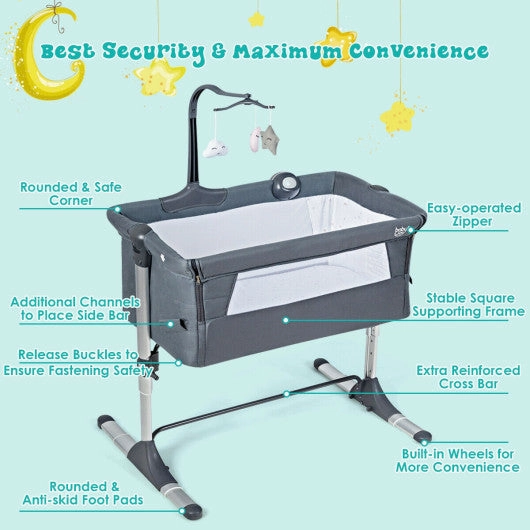 Height Adjustable Baby Side Crib  With Music Box & Toys-Dark Gray