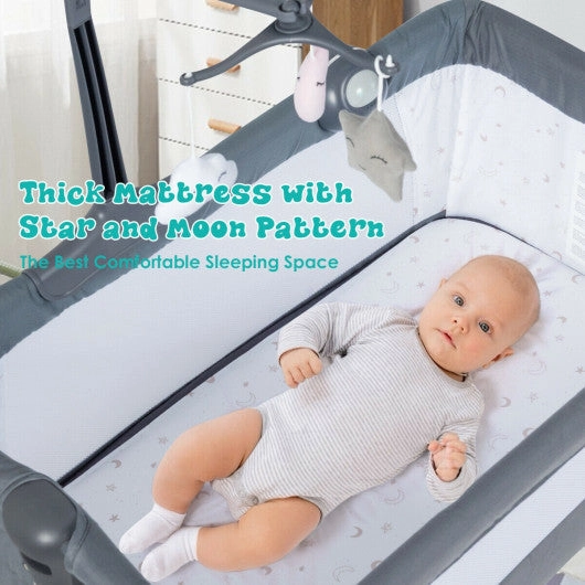 Height Adjustable Baby Side Crib  With Music Box & Toys-Dark Gray
