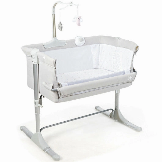 Height Adjustable Baby Side Crib  With Music Box & Toys-Light Gray