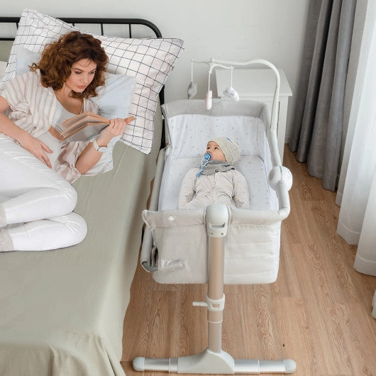 Height Adjustable Baby Side Crib  With Music Box & Toys-Light Gray