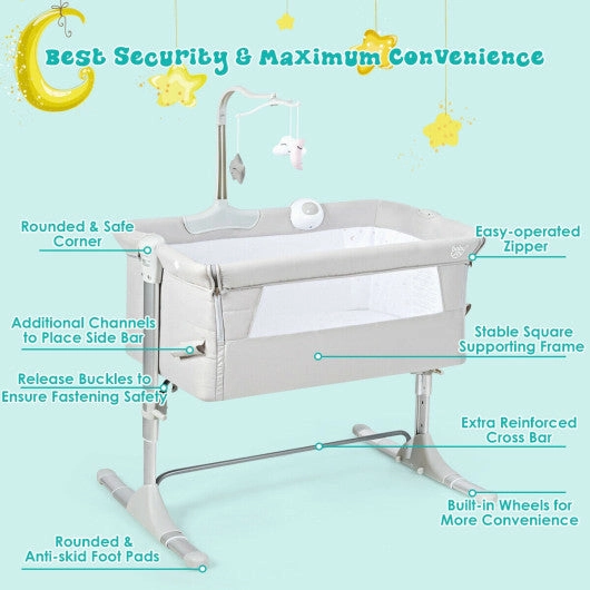 Height Adjustable Baby Side Crib  With Music Box & Toys-Light Gray