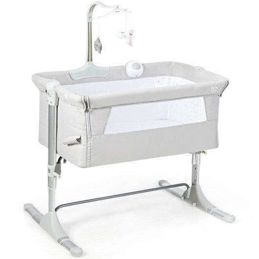 Height Adjustable Baby Side Crib  With Music Box & Toys-Light Gray