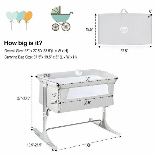 Height Adjustable Baby Side Crib  With Music Box & Toys-Light Gray