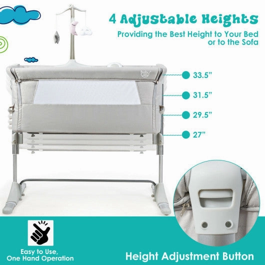 Height Adjustable Baby Side Crib  With Music Box & Toys-Light Gray